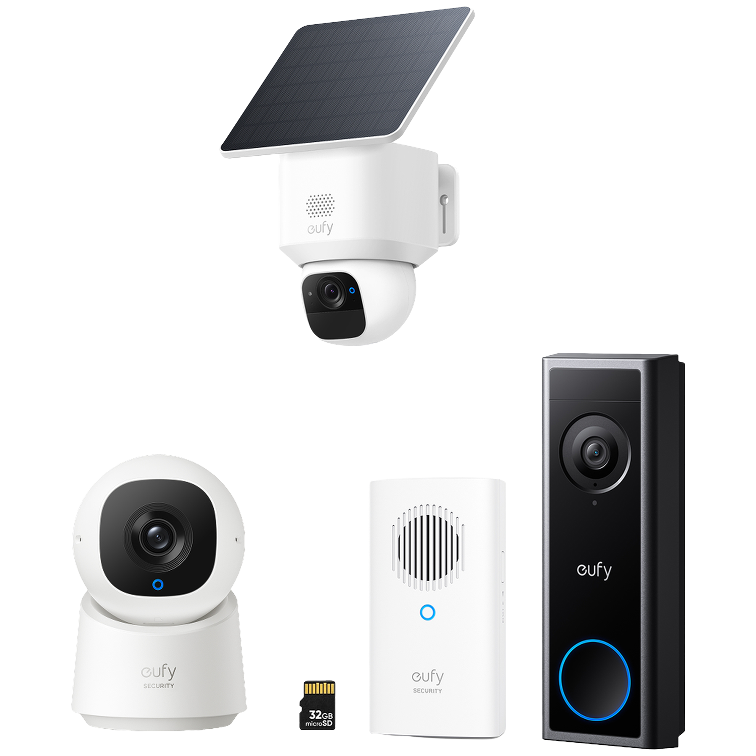 Produits Eufy: caméra solaire, intérieure, sonnette, carillon et carte SD.