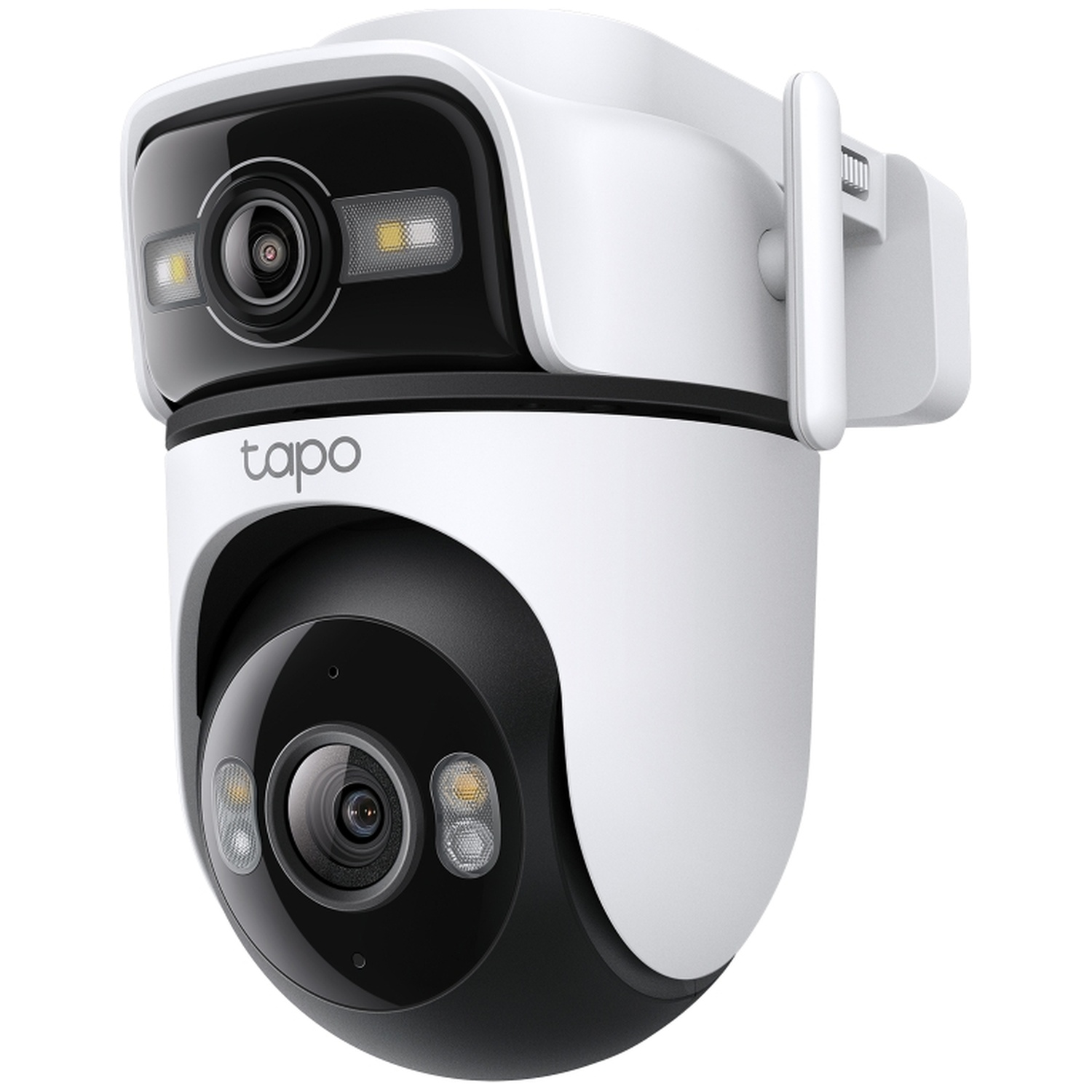 A white and black security camera with the Tapo logo.