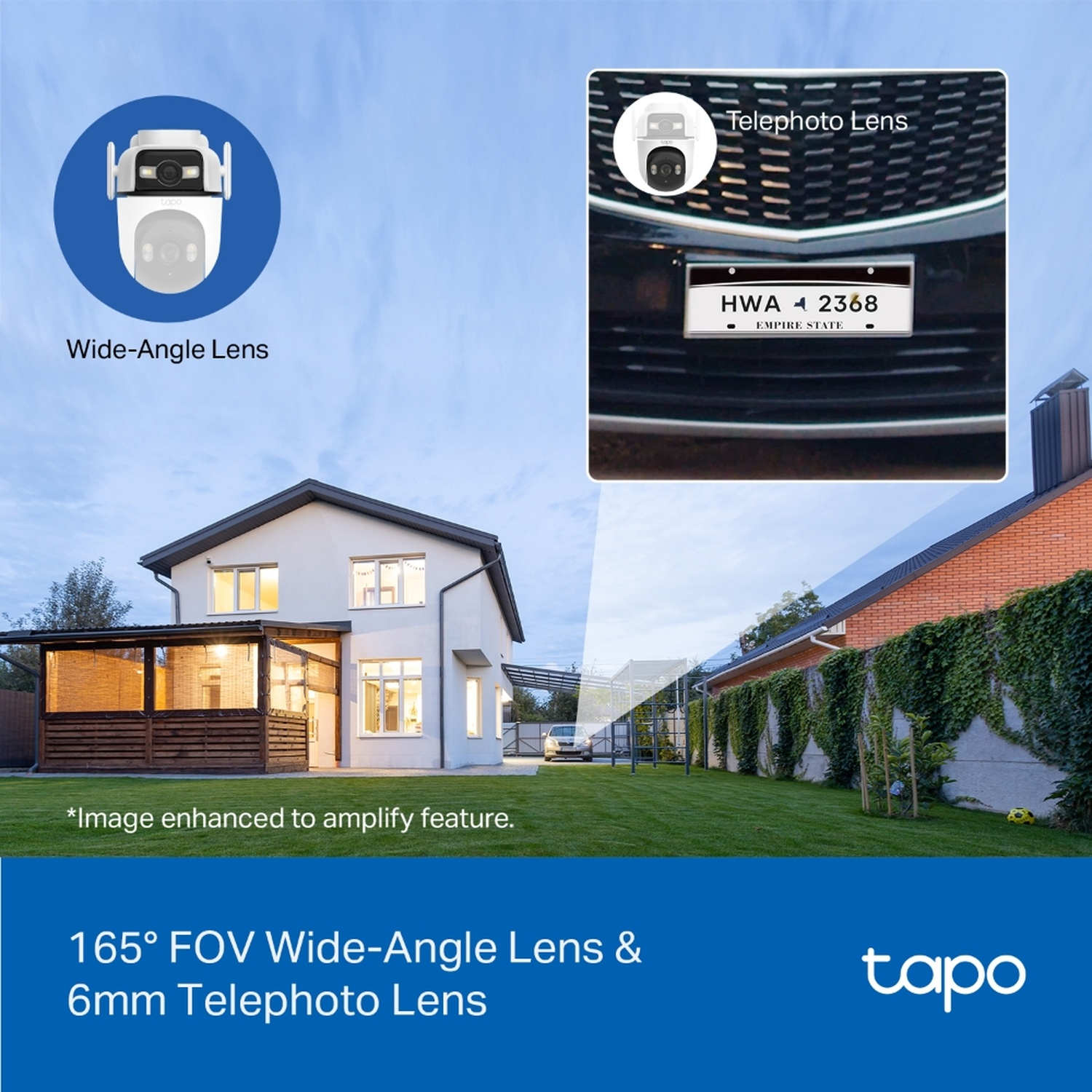 House with wide-angle and telephoto lens camera views.