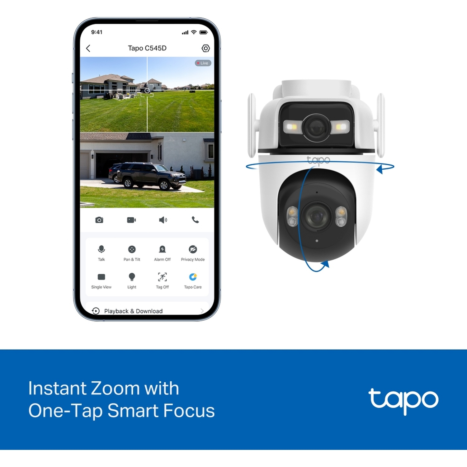 Tapo camera app shows house view and car by garage. Pan/tilt camera.