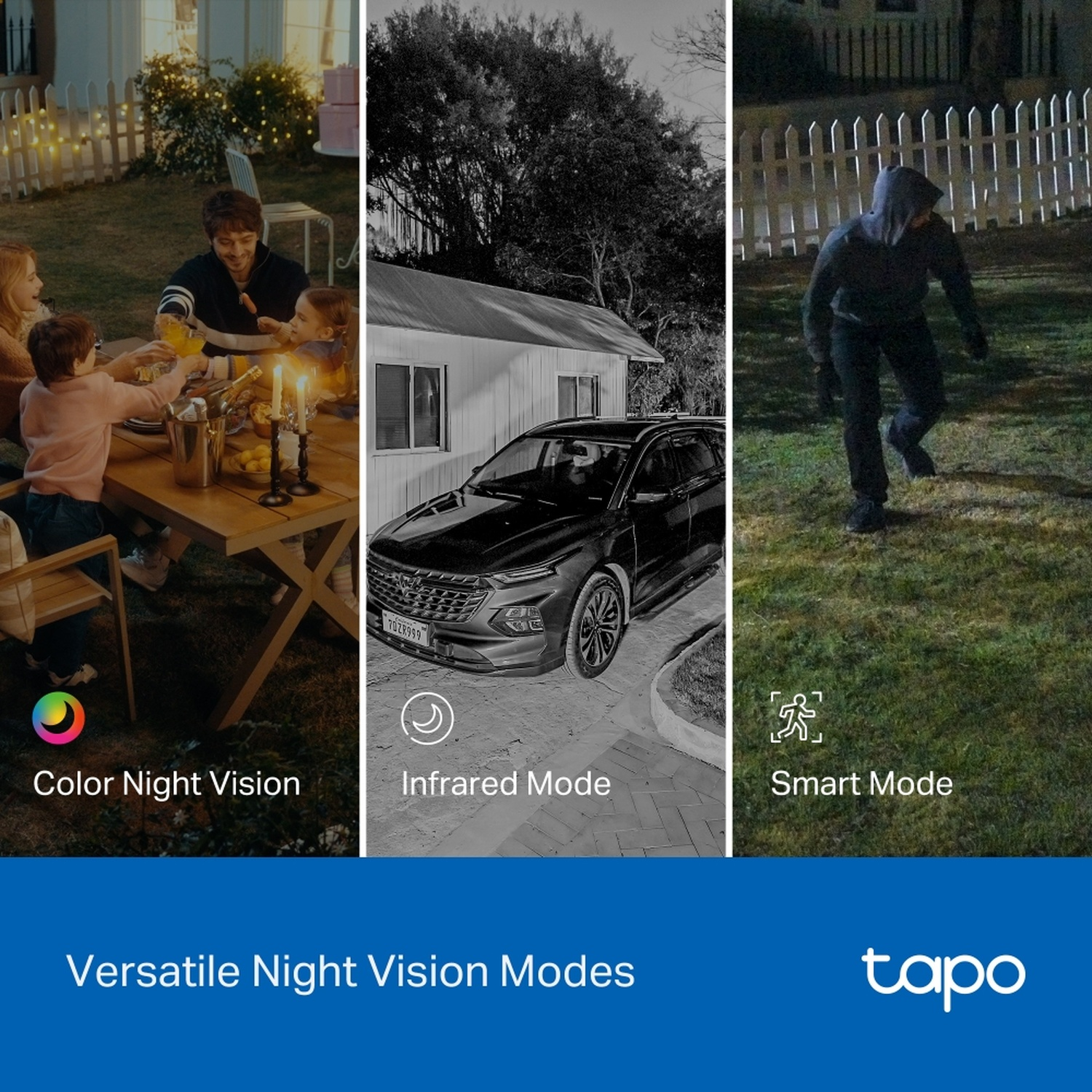 Three night vision modes: Color, Infrared, and Smart. Family dinner, car, and security.