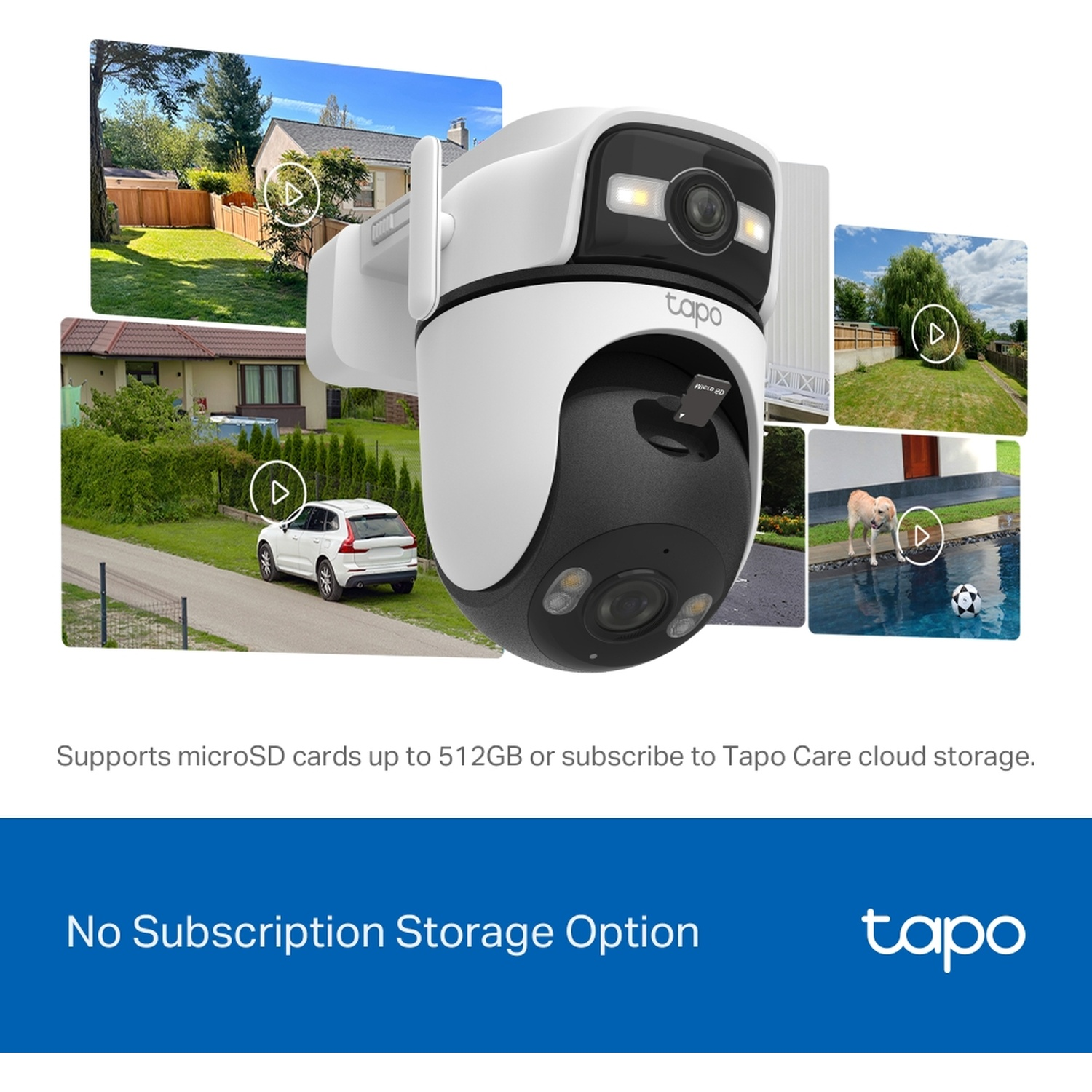 Tapo camera shows surveillance videos of houses and a dog.