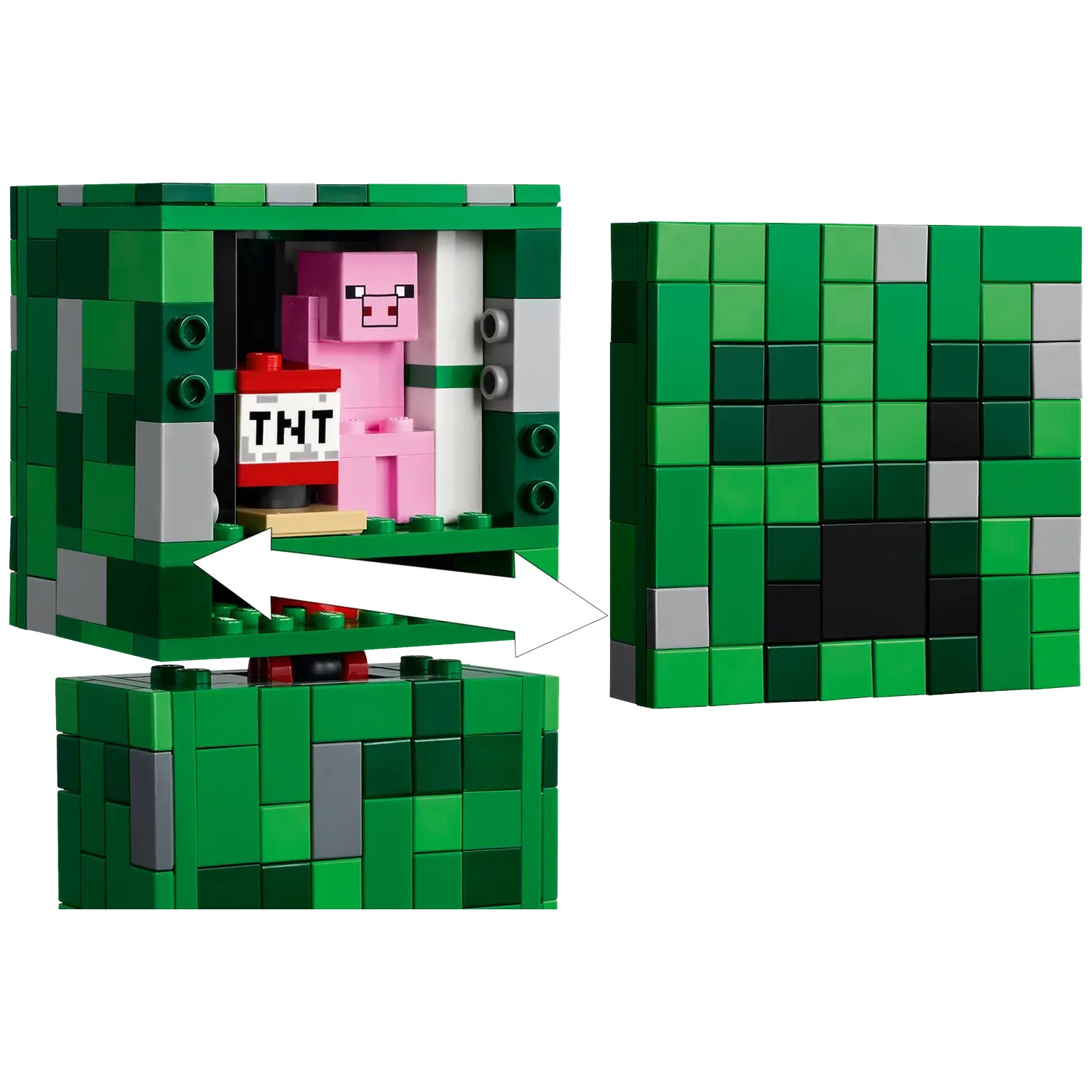 A Lego pig sits next to TNT in a green box. Beside it, a Minecraft Creeper face.