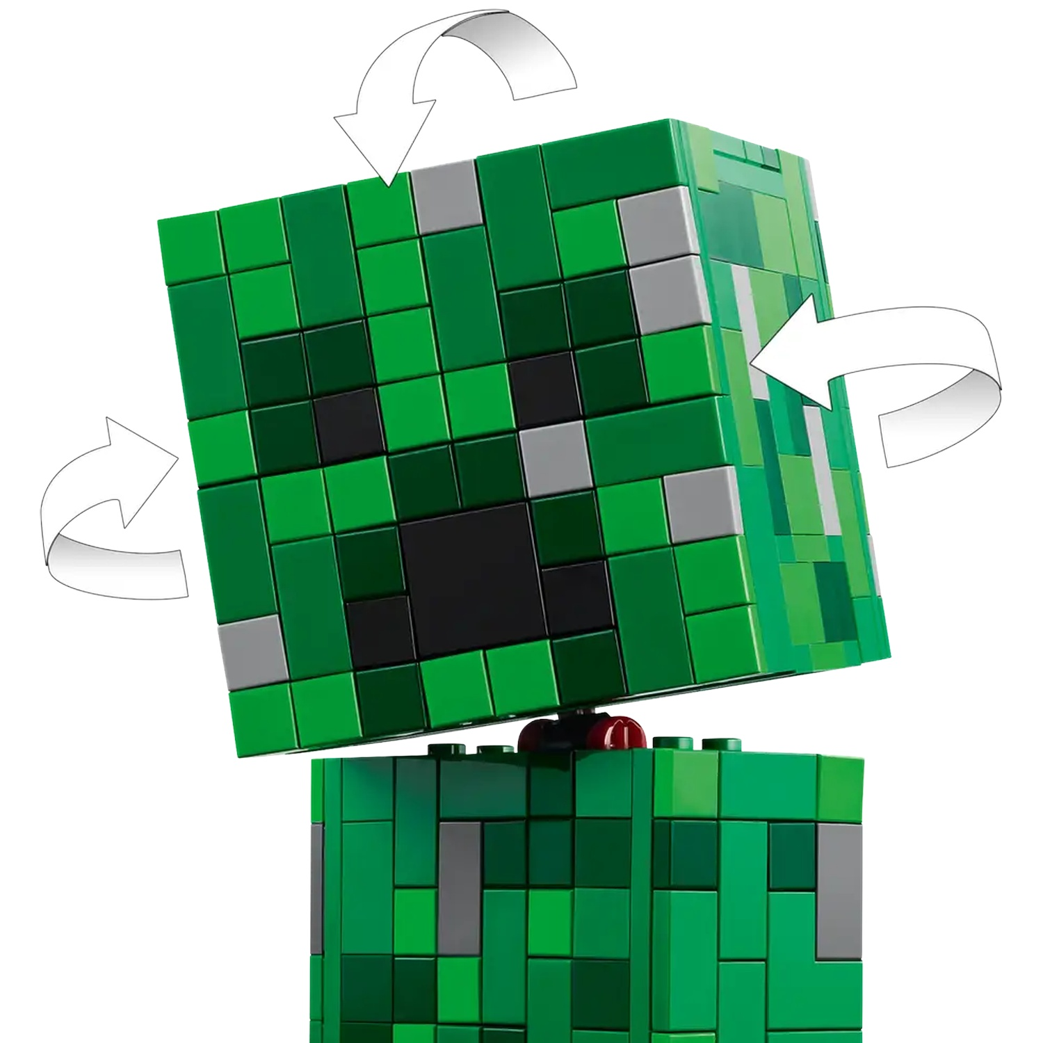 Green pixelated Lego character head on a base with arrows.