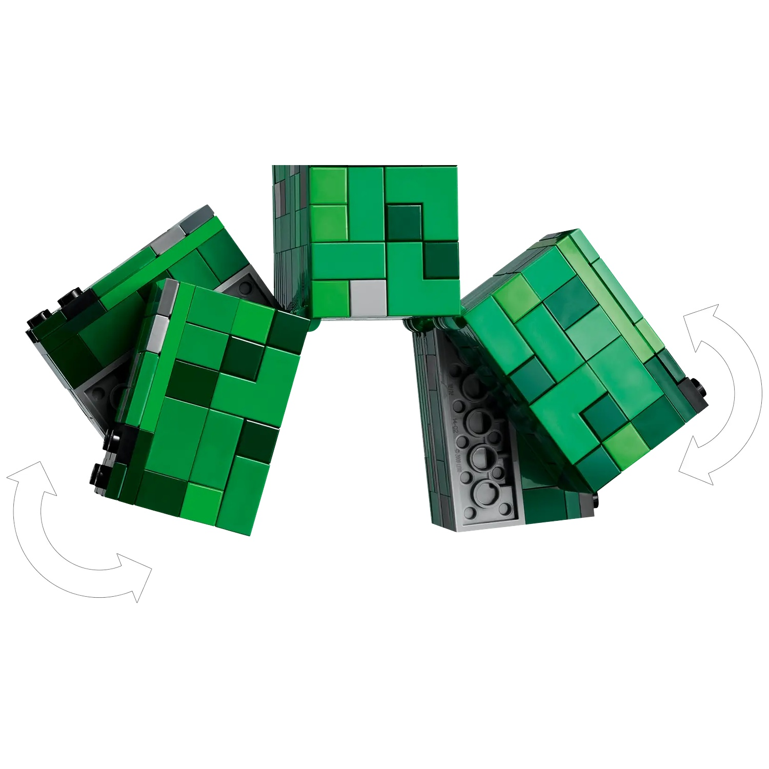 Green and gray Lego bricks form a pixelated cube face. Arrows indicate rotation.