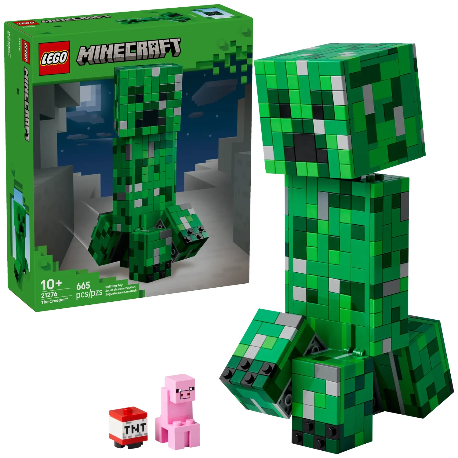 A green LEGO Minecraft Creeper with a pig and TNT block.