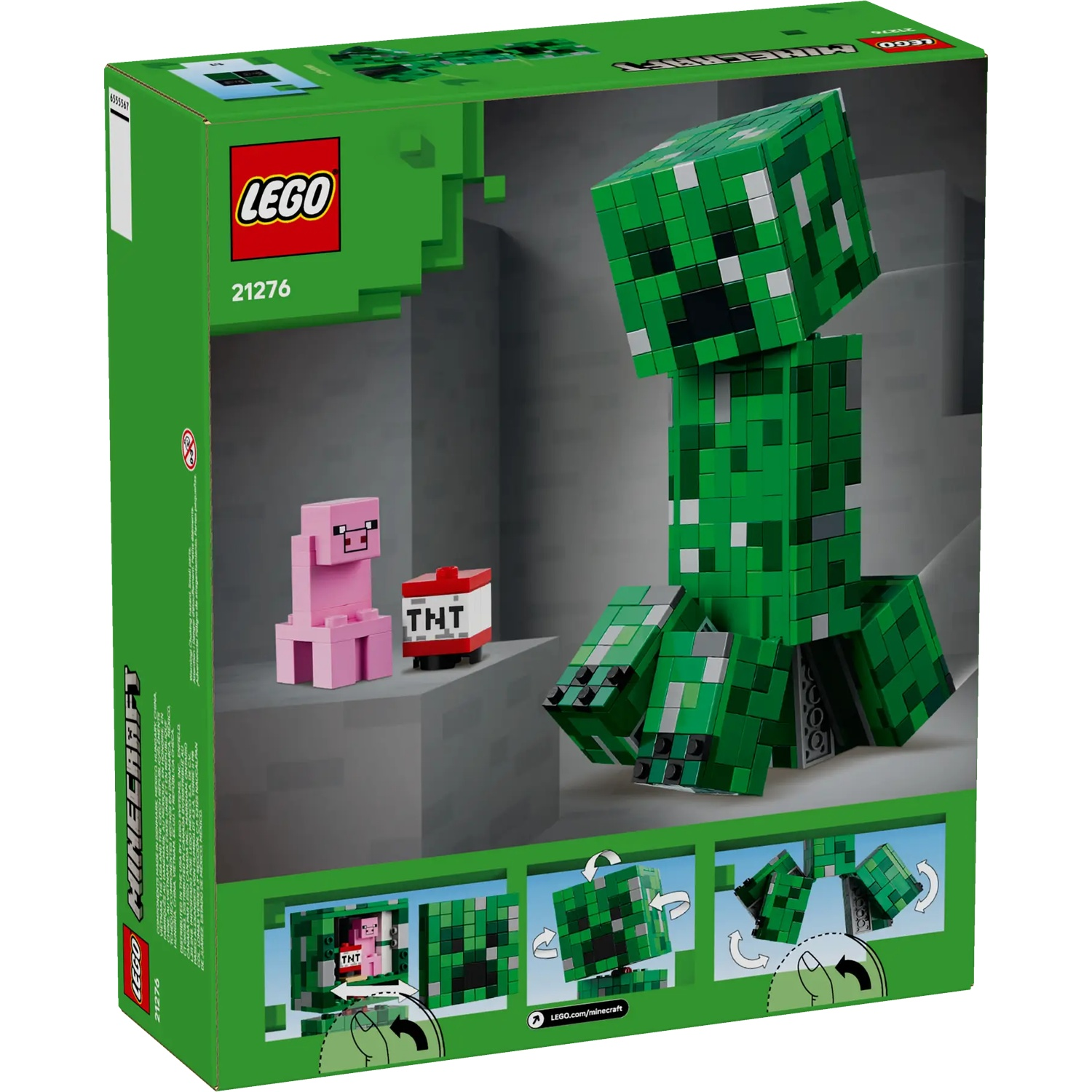 LEGO Minecraft set featuring a Creeper, pig, and TNT on green packaging.