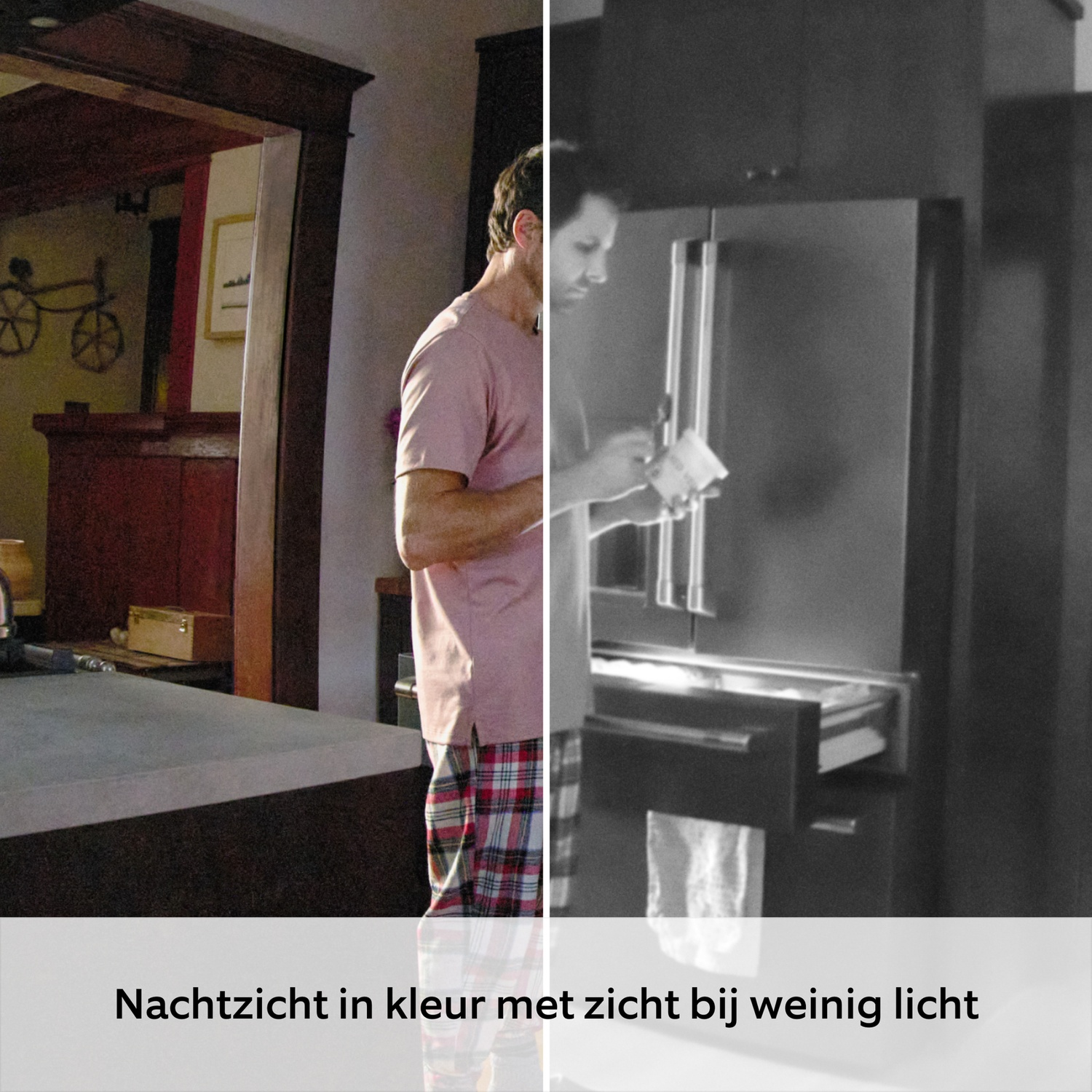 Man in plaid pants by refrigerator in the dark.