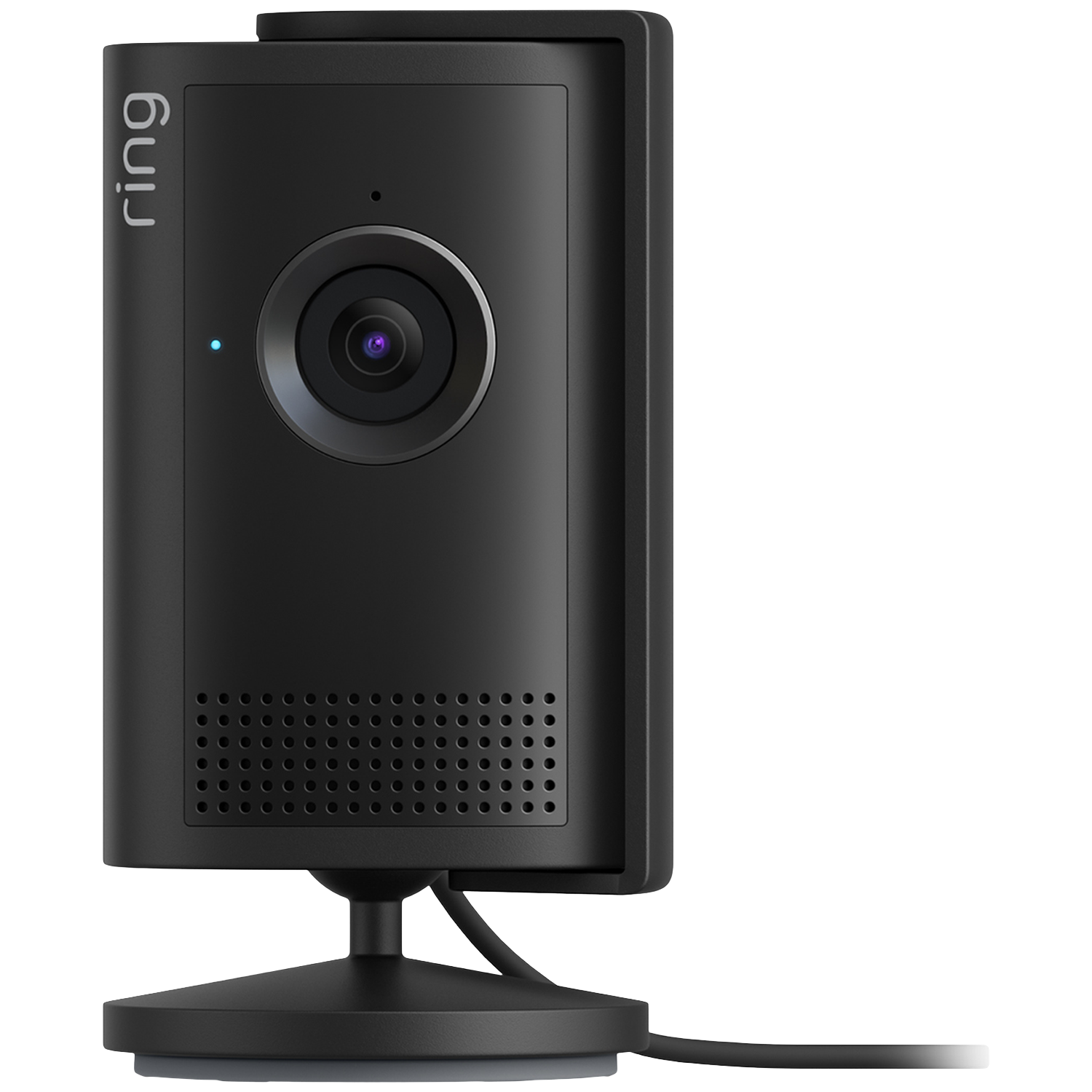 Zwarte Ring camera met lens, luidsprekergril en standaard.