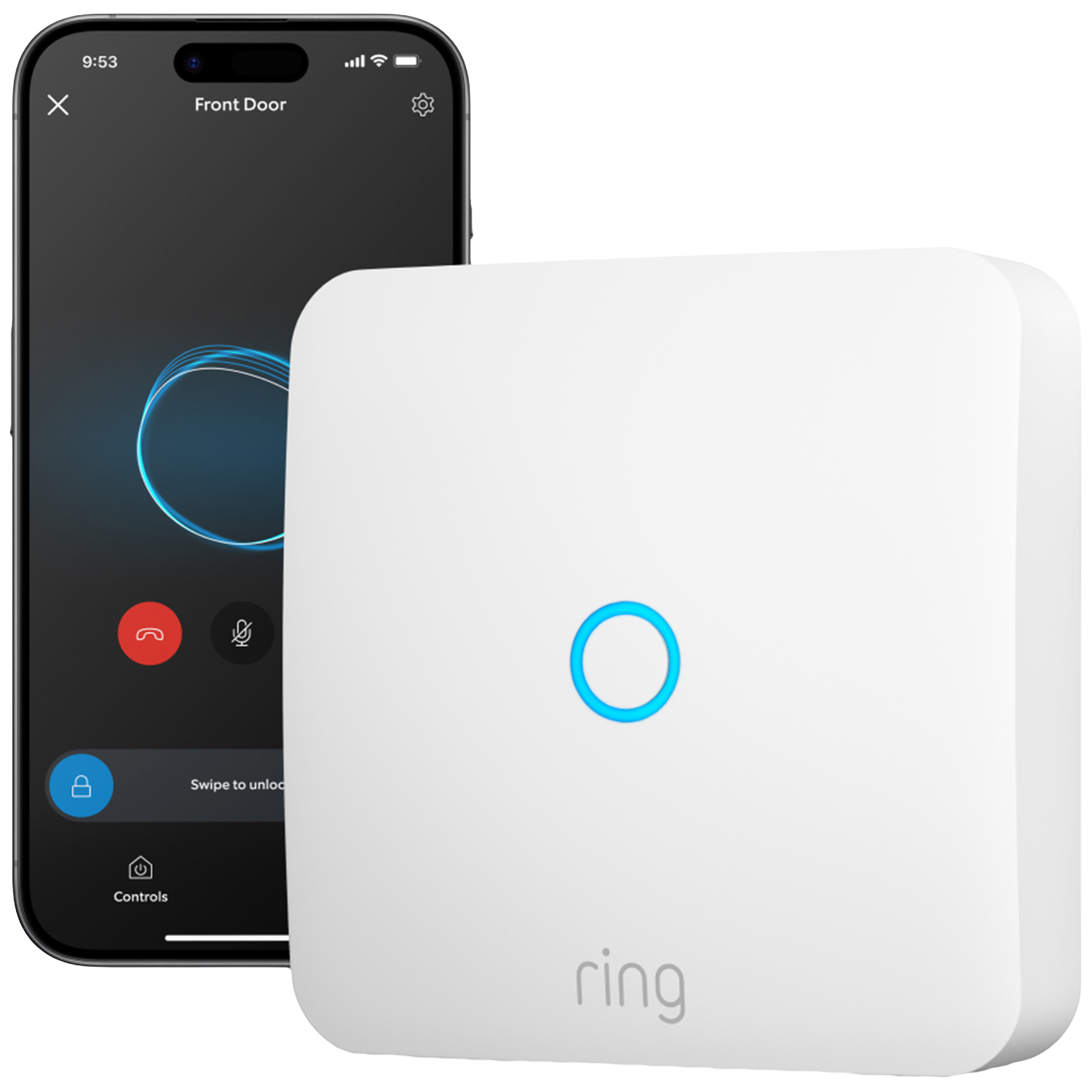 Un appareil Ring blanc et un smartphone affichant l'interface de l'application Ring.