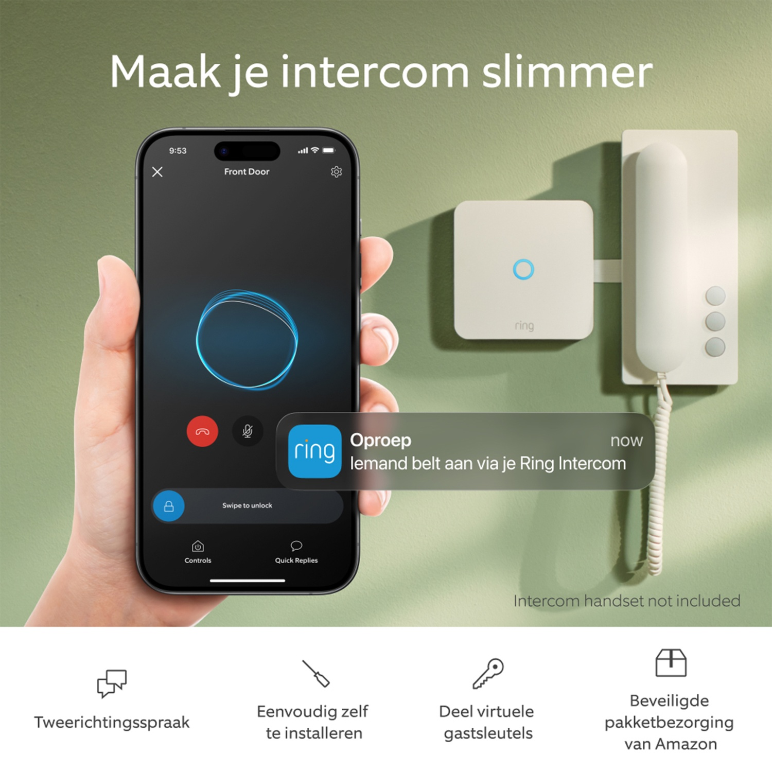 Un smartphone affiche l'application Ring Intercom ; un appareil Ring blanc et un combiné d'interphone sont visibles.