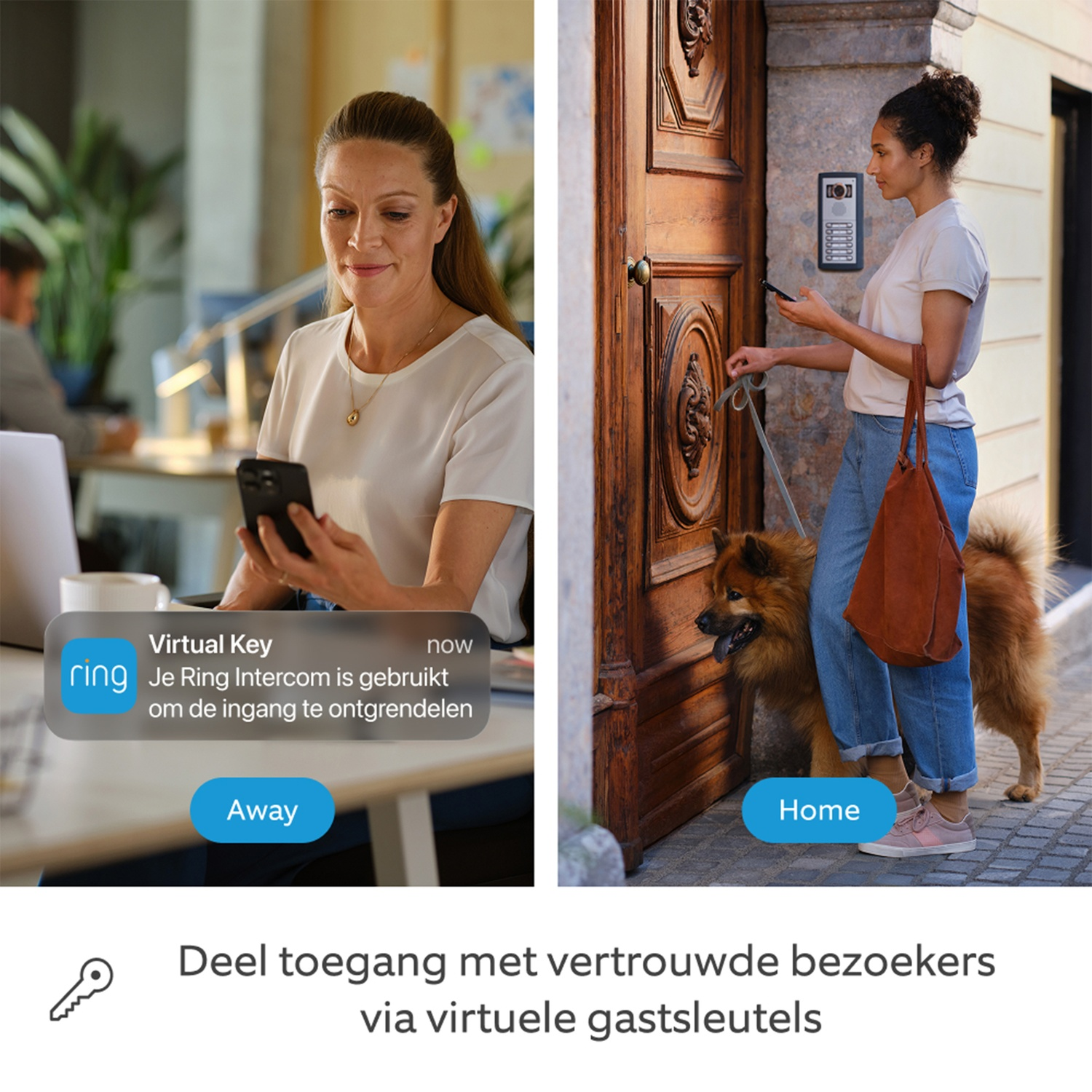 Femme au bureau avec téléphone; femme avec chien devant une porte avec interphone.