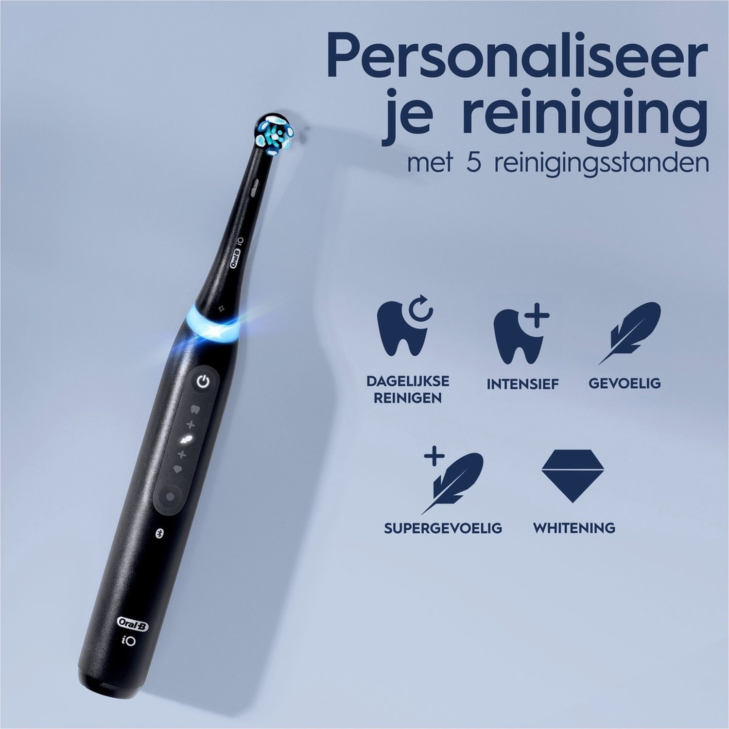 Zwarte Oral-B iO tandenborstel met 5 poetsstanden: Dagelijkse reiniging, Intensief, Gevoelig.
