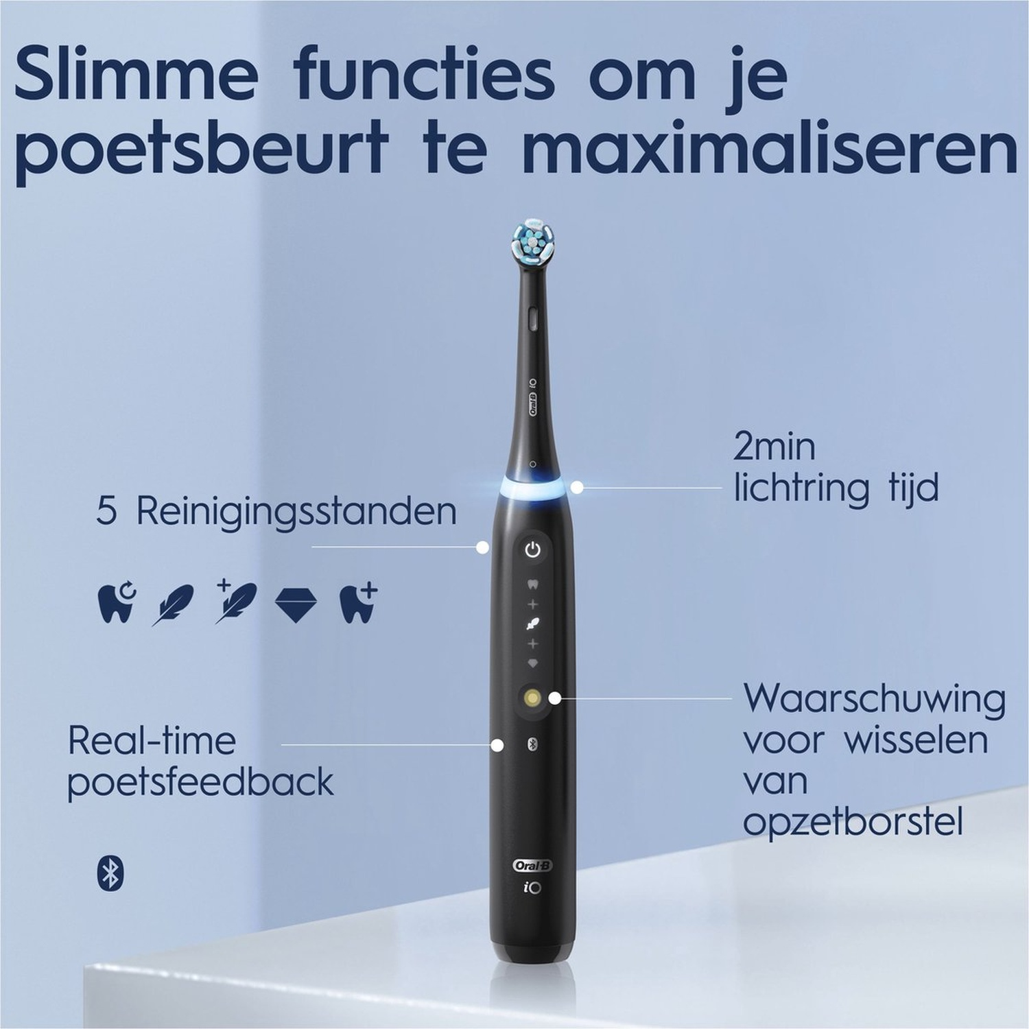 Zwarte elektrische tandenborstel met 5 standen, 2 min timer & real-time feedback.