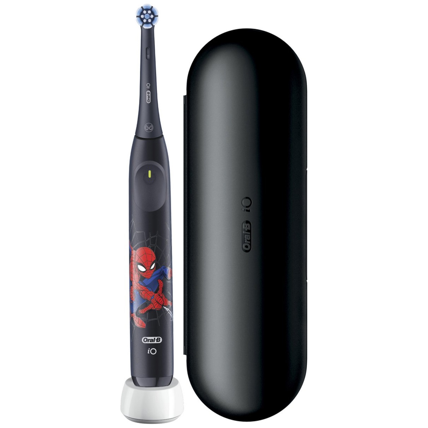 Zwarte Oral-B elektrische tandenborstel met Spiderman-design en oplaadstation ernaast.