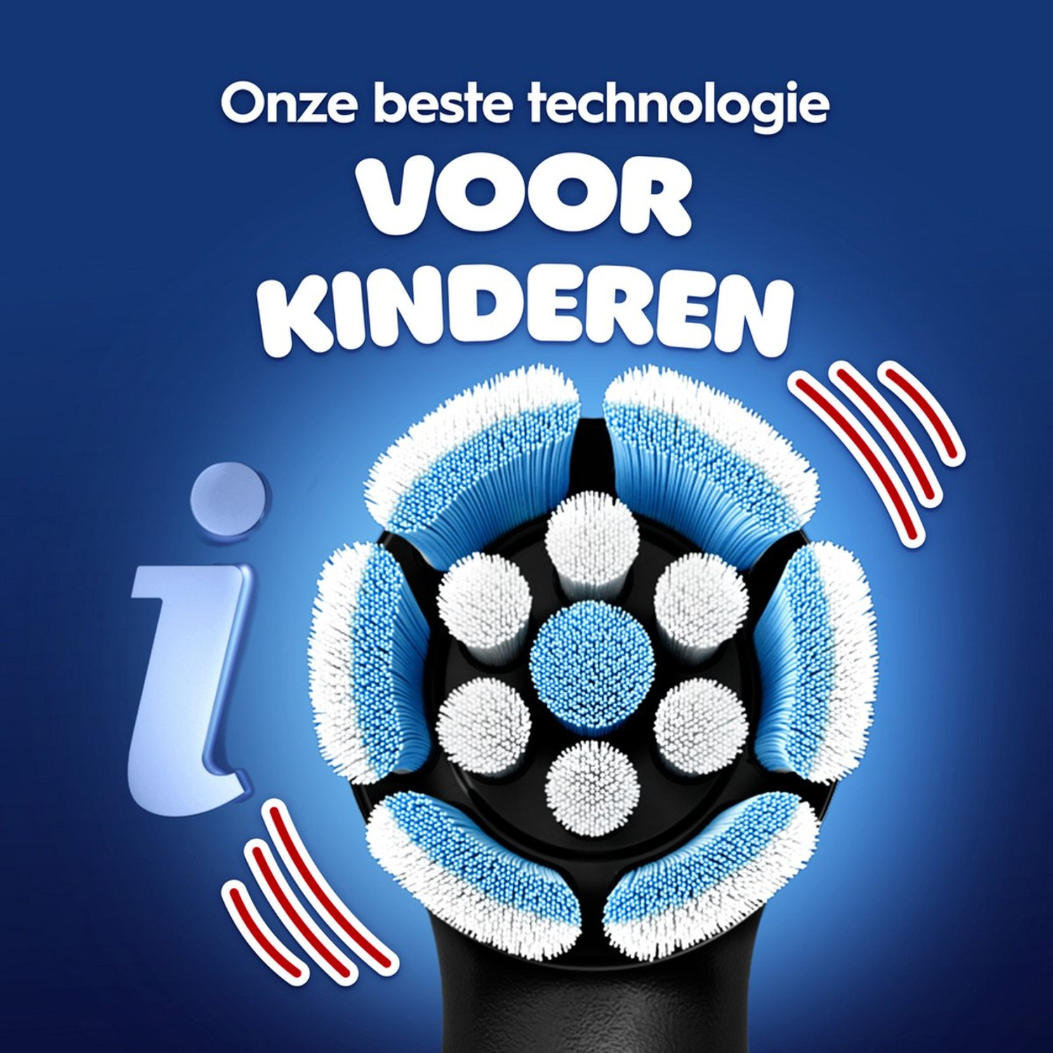 Elektrische tandenborstel met blauw-witte borstels en i-icoon.