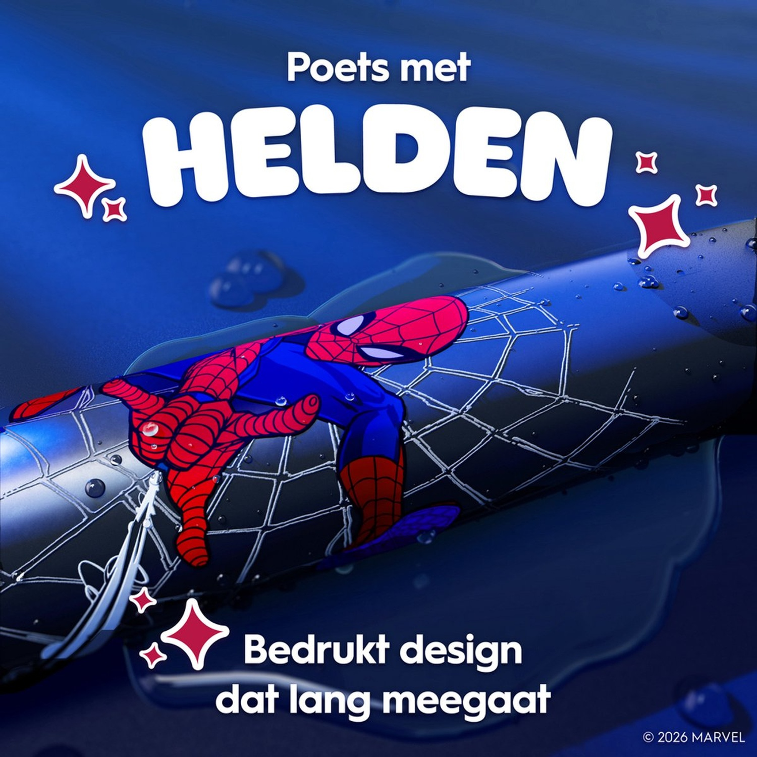 Spiderman op een pen met "Helden" tekst. Blauwe achtergrond.