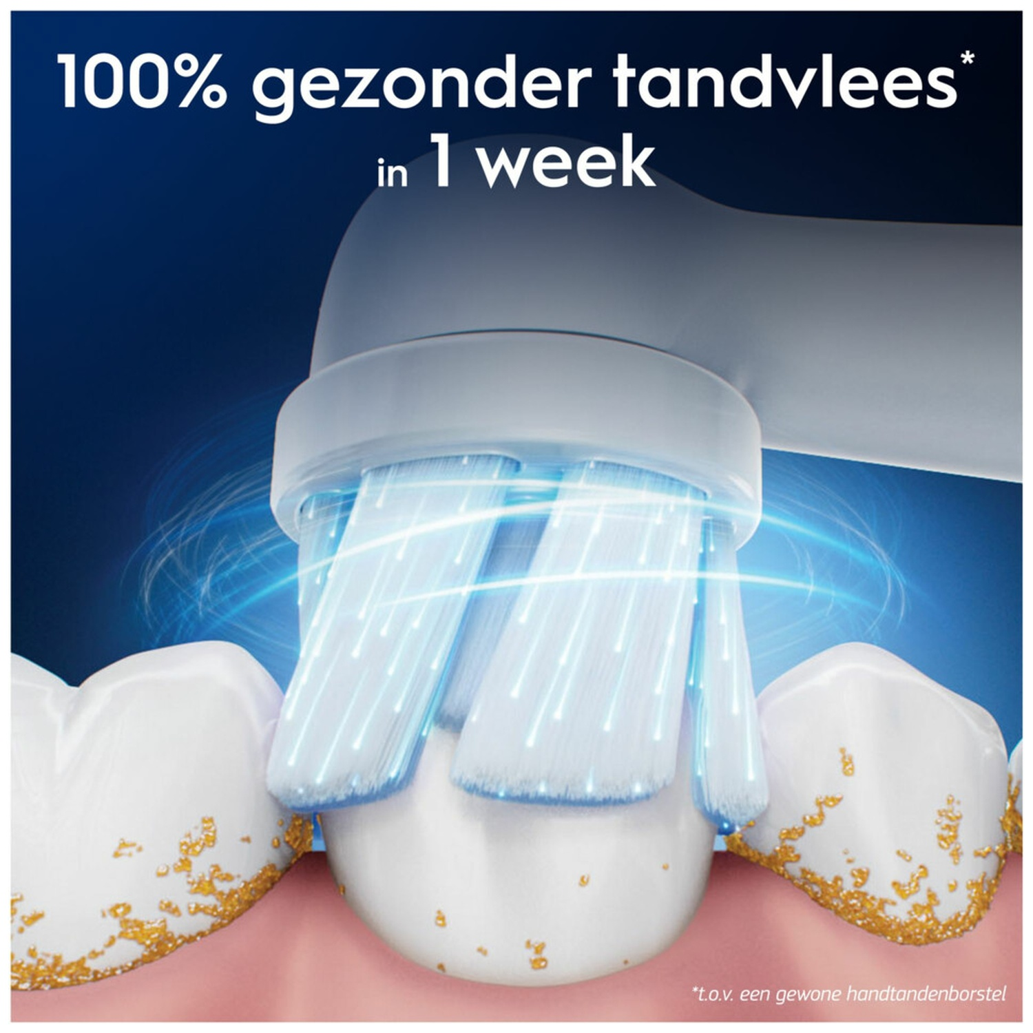 Electric toothbrush cleans teeth with yellow stains. Blue light rays.