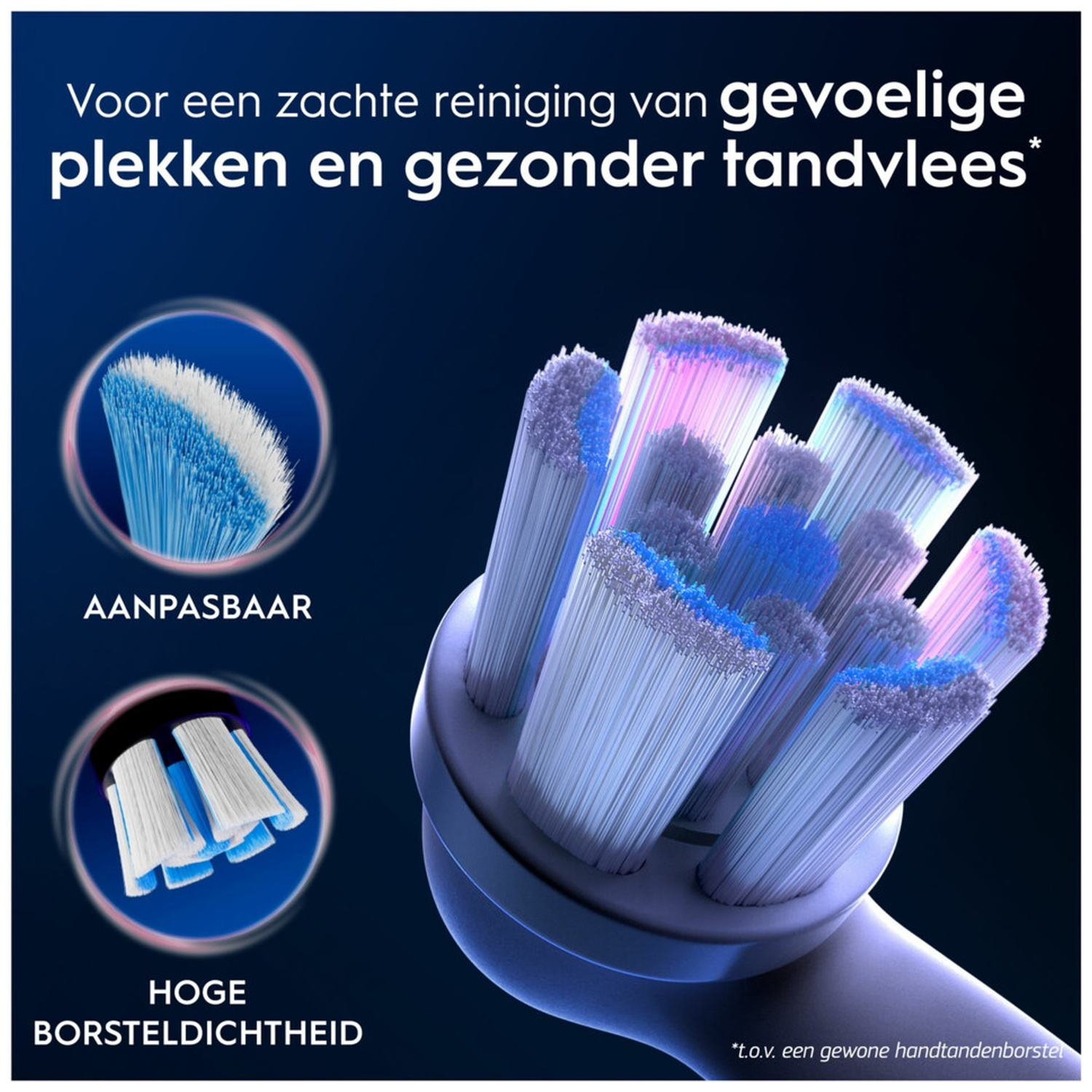 Close-up of an electric toothbrush head with fine bristles in various shades of blue.
