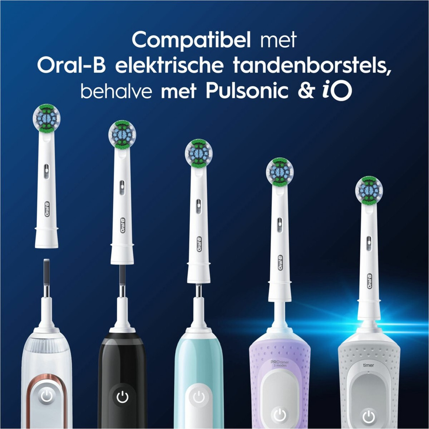 Cinq brossettes Oral-B au-dessus de brosses à dents électriques de différentes couleurs.