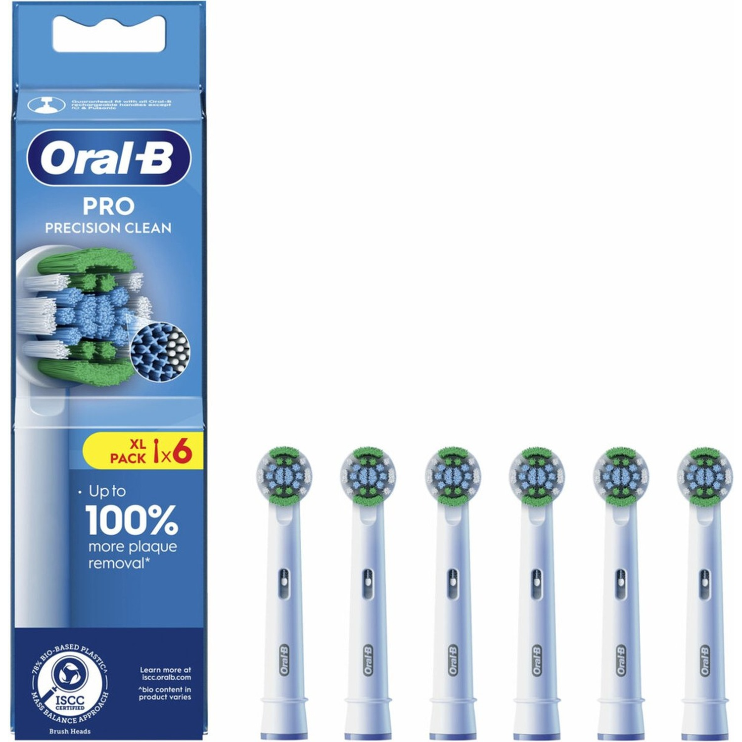 Oral-B Pro Precision Clean lot de 6 brossettes et boîte indiquant 100% d'élimination de la plaque.