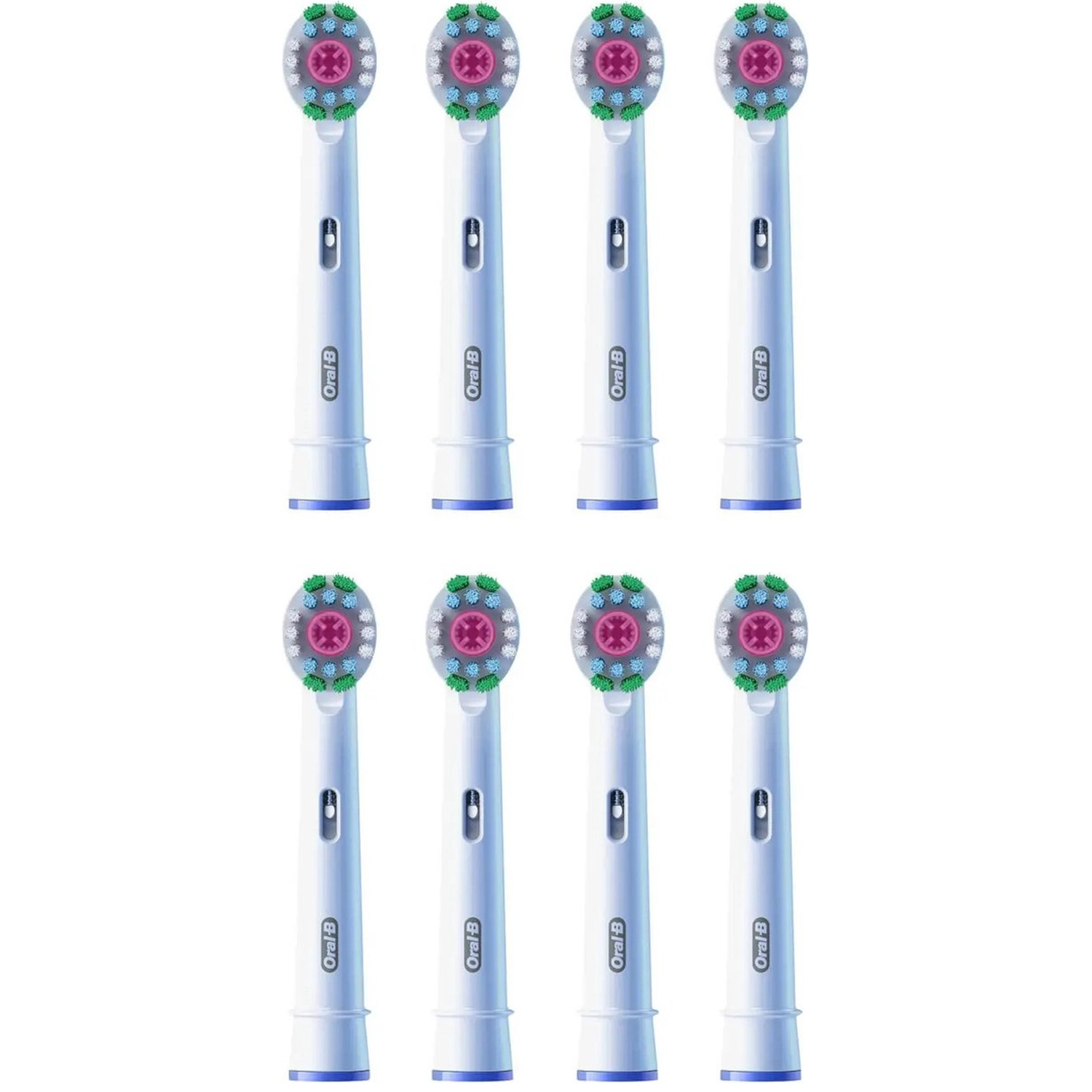 Huit brosses à dents Oral-B, blanches avec poils bleus et verts, sur fond blanc.