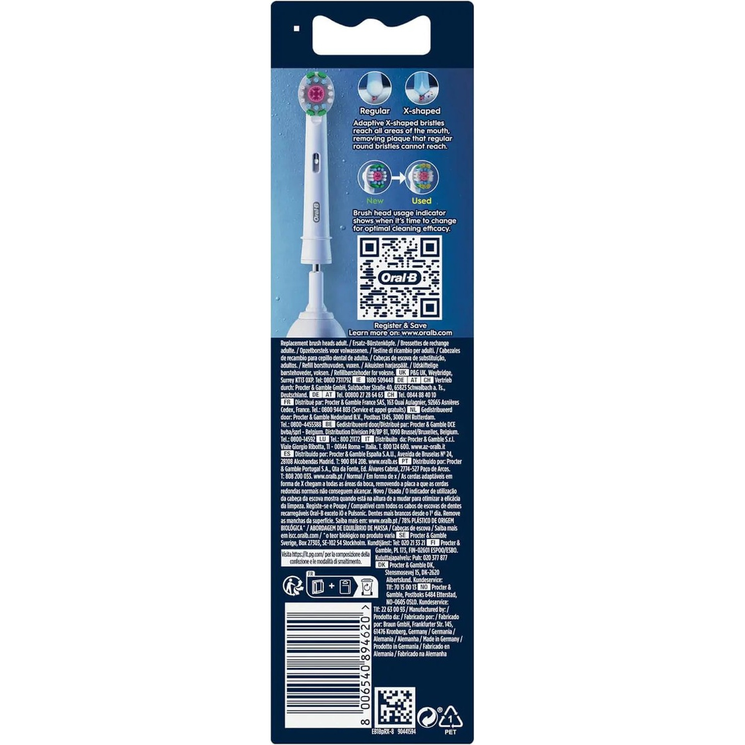 Brosses Oral-B: poils en X nettoient en profondeur. Indicateur montre quand changer.