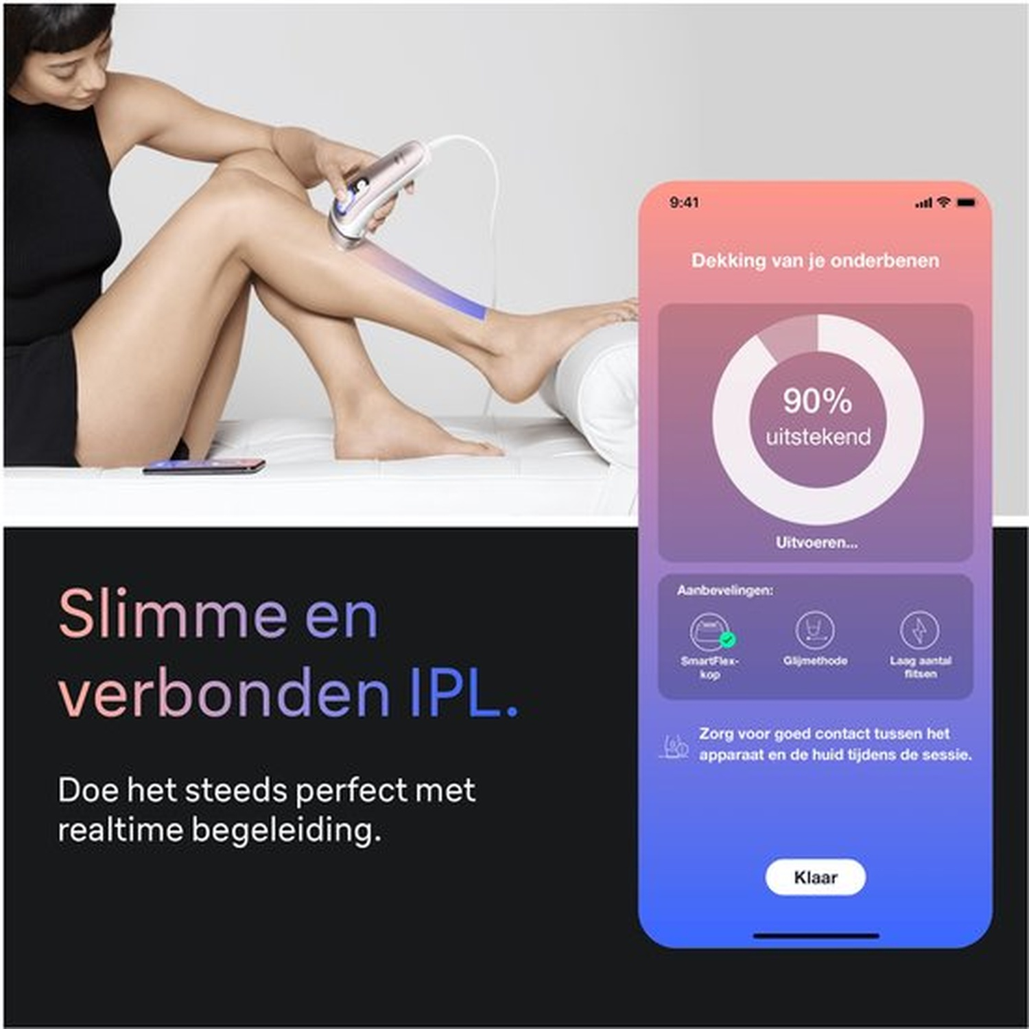 Een vrouw gebruikt een IPL-apparaat op haar been, terwijl een app de voortgang toont.