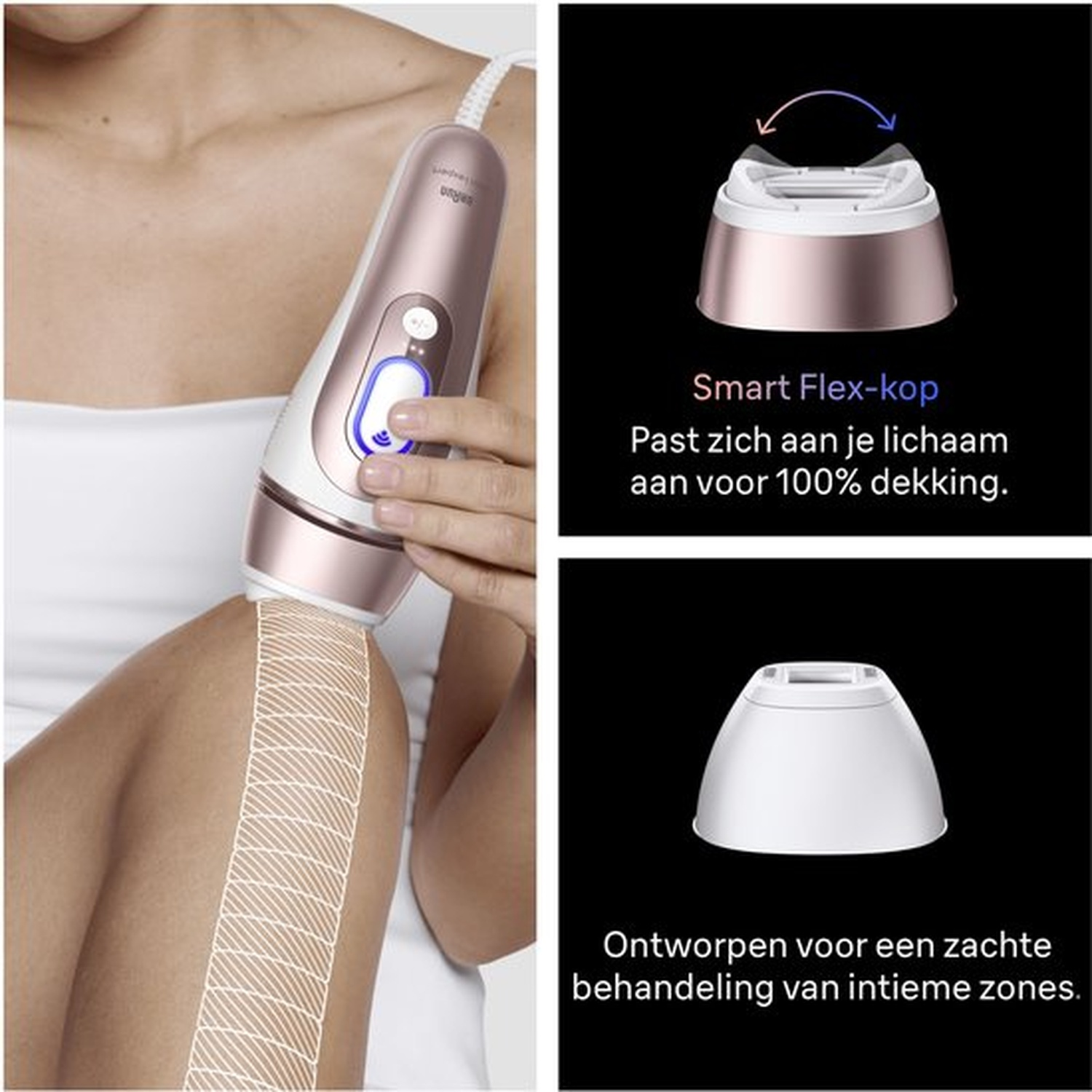 Een roségouden epileerapparaat wordt op een been gebruikt. Bovenste afbeeldingen tonen flexibele kop.