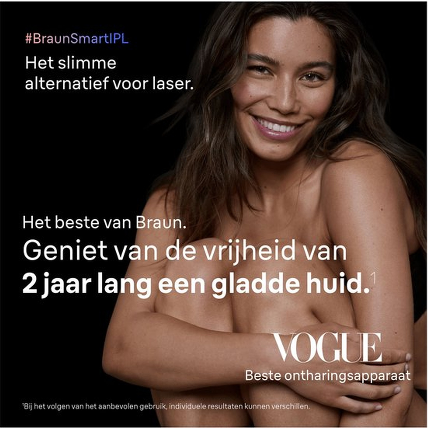 Lachende vrouw adverteert Braun Smart IPL. #BraunSmartIPL
