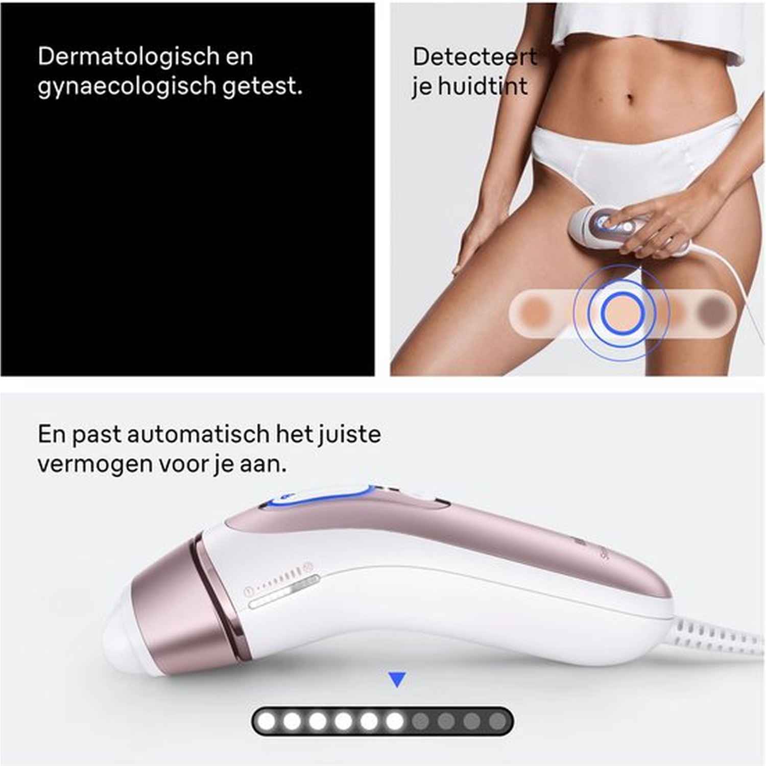 Epilator detecteert huidtint en past vermogen aan. Dermatologisch getest.