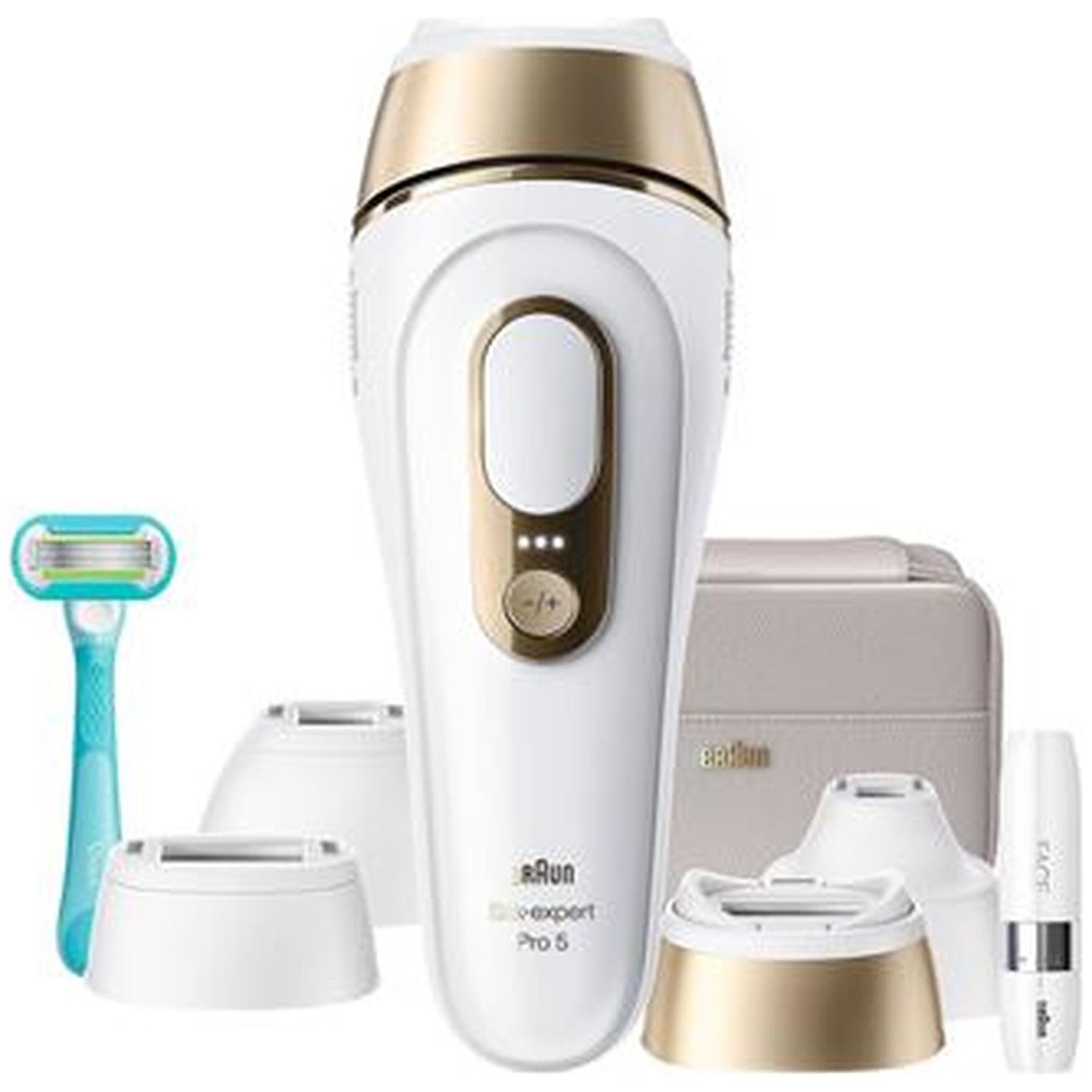 Een witte Braun epilator met gouden accenten, scheermes, opzetstukken en tas.