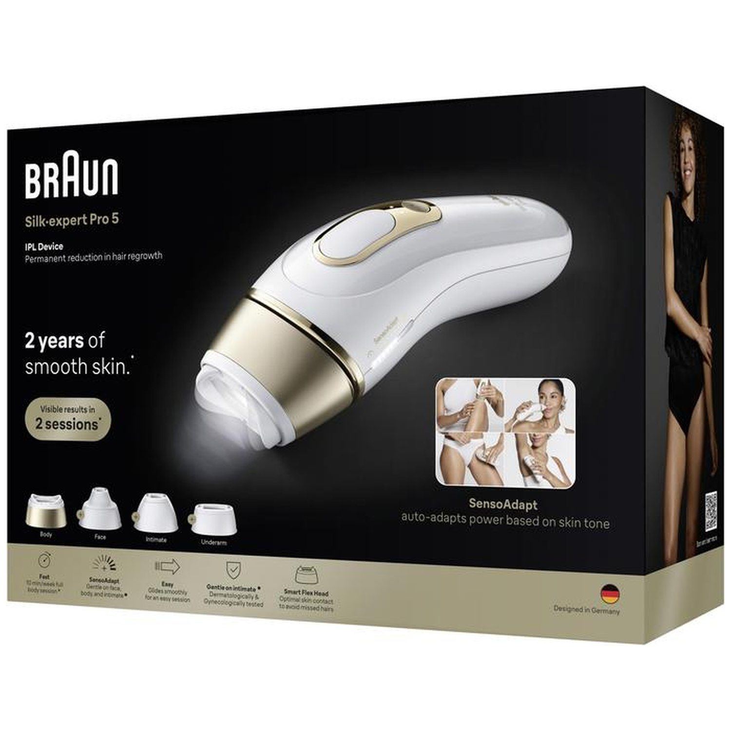 Braun Silk-expert Pro 5 IPL-apparaat met opzetstukken en toepassingsafbeeldingen.