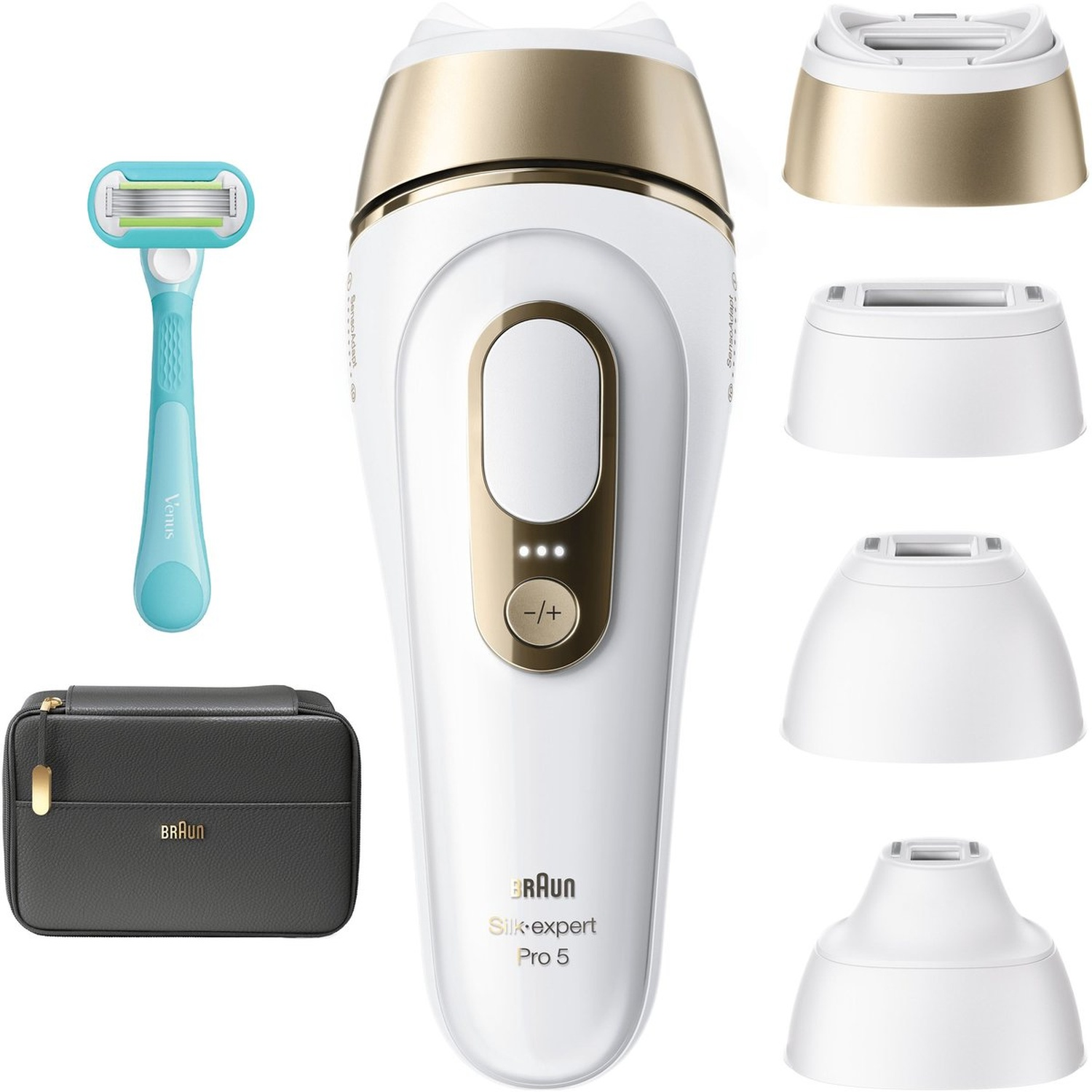 Un appareil IPL Braun avec rasoir Venus, pochette et accessoires.