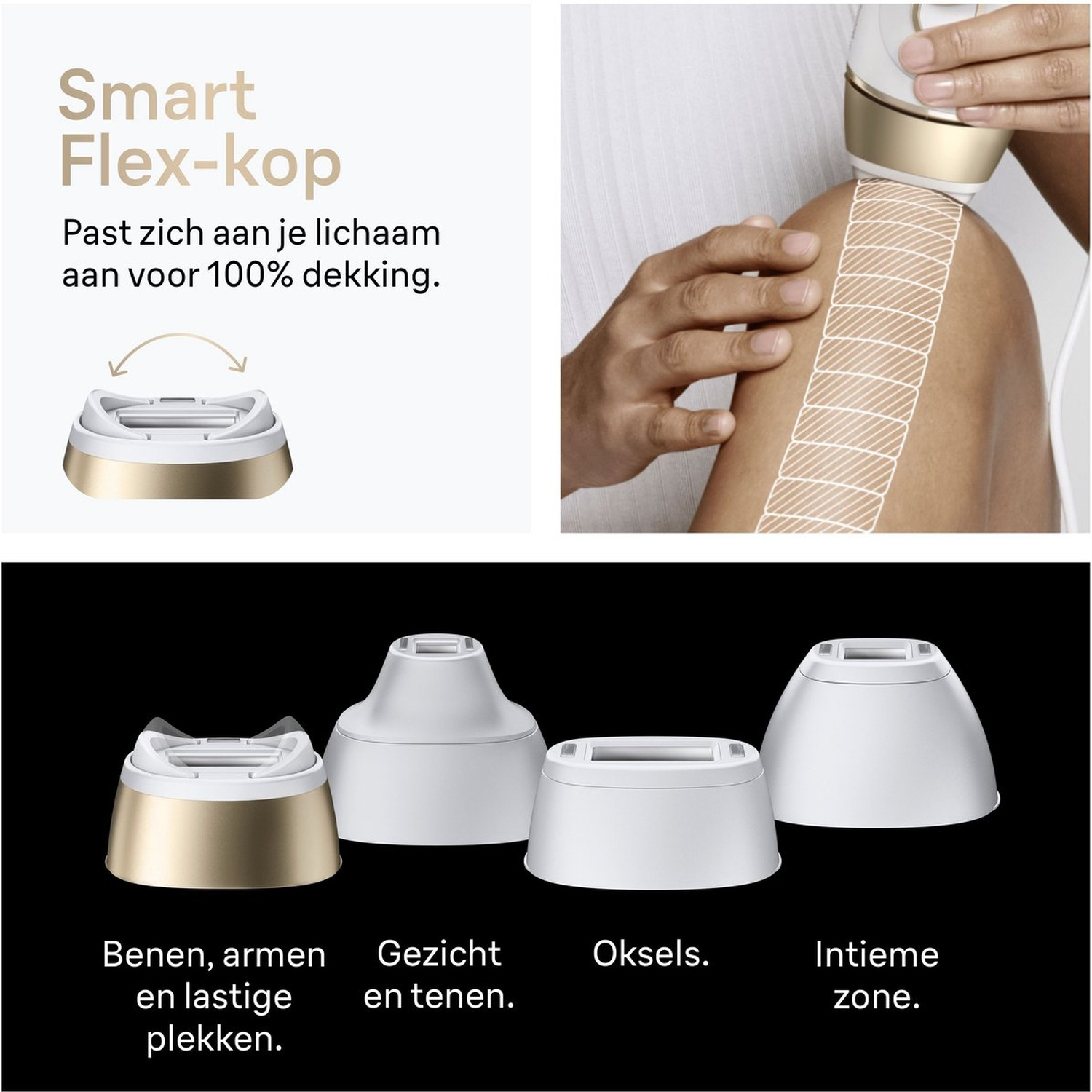 Un accessoire d'épilateur s'adapte au corps. Quatre accessoires pour différentes zones.