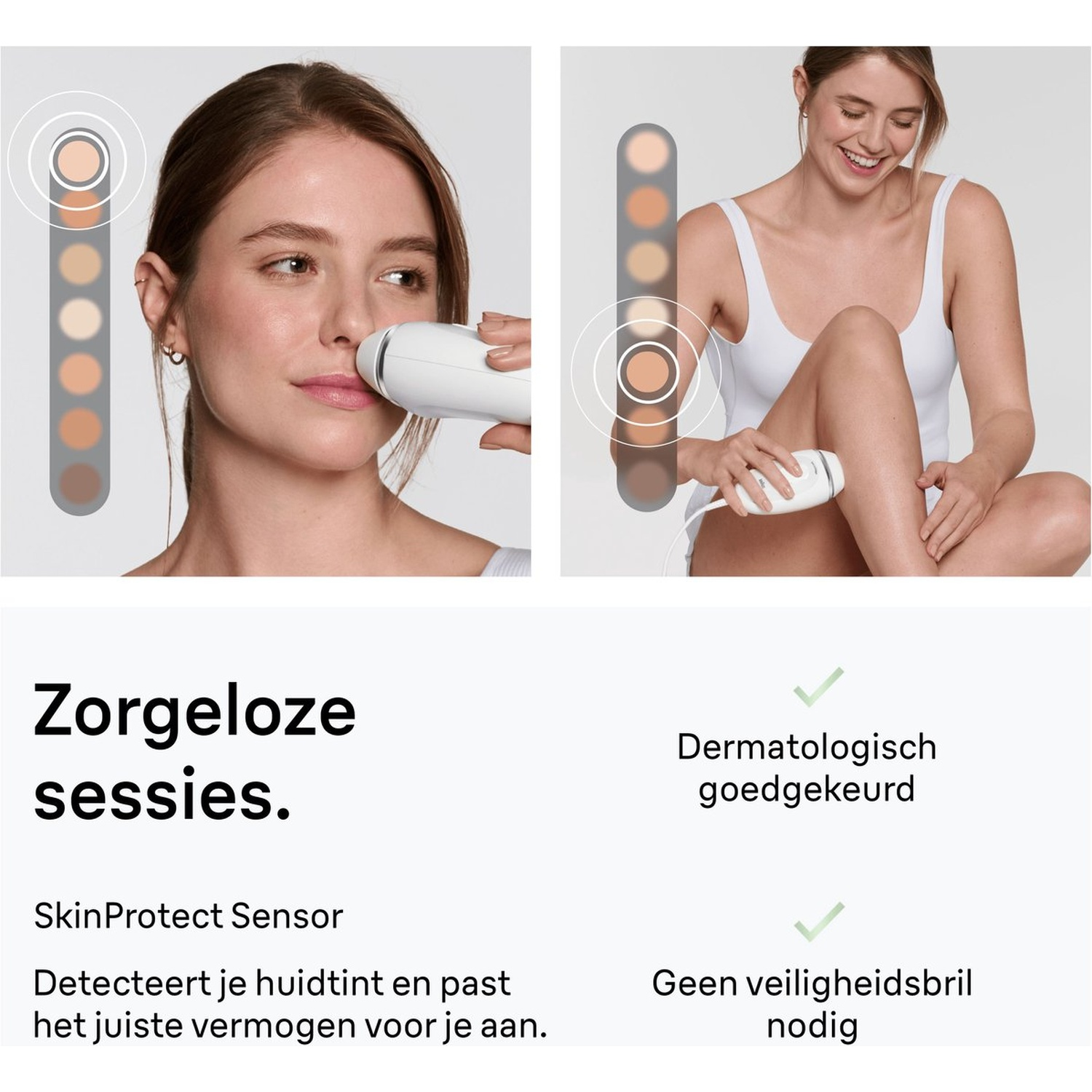 Vrouw gebruikt IPL apparaat op gezicht/been. Huidtint sensor getoond.
