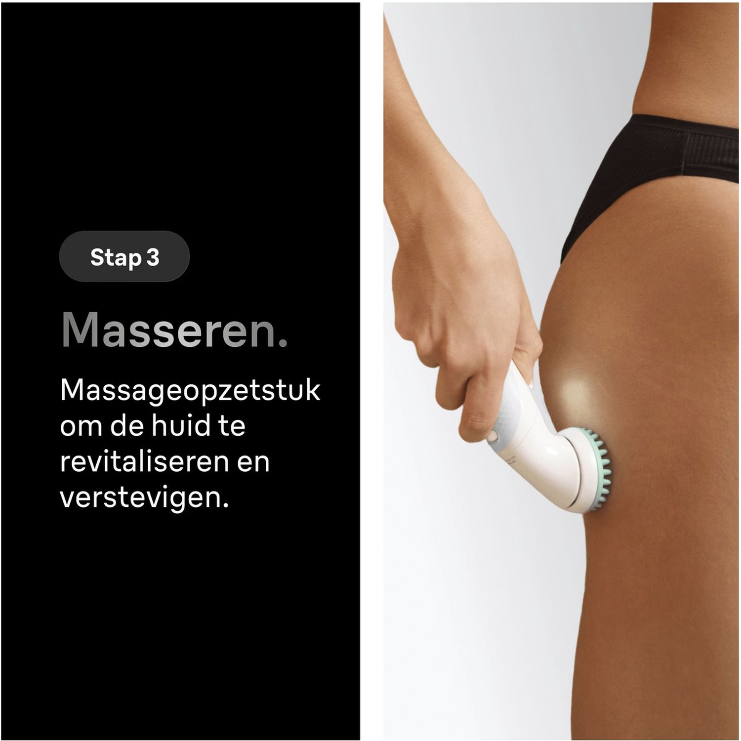 Een hand houdt een massageapparaat dat op beenhuid wordt gebruikt.