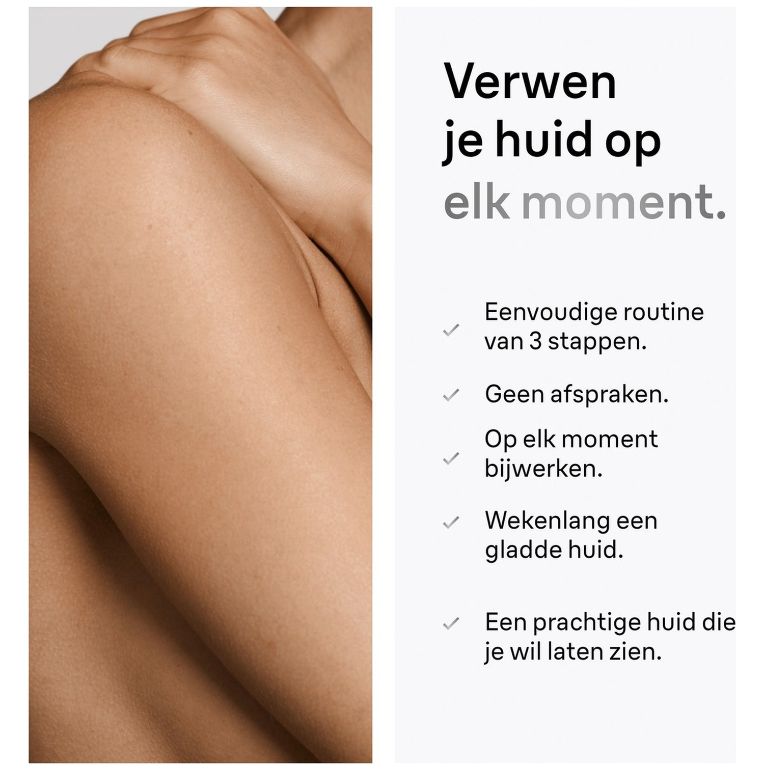 Close-up van menselijke huid, tekst over huidverzorging.