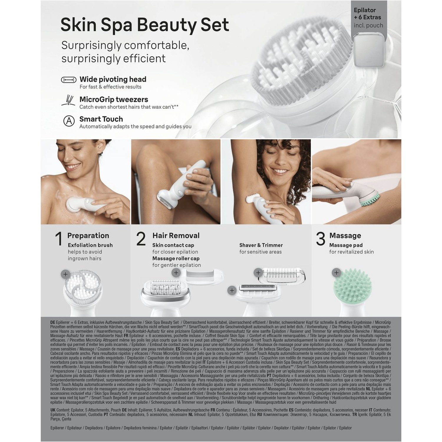 Braun Skin Spa Beauty Set met epilator, 5 opzetstukken en etui. Toont functies en accessoires.