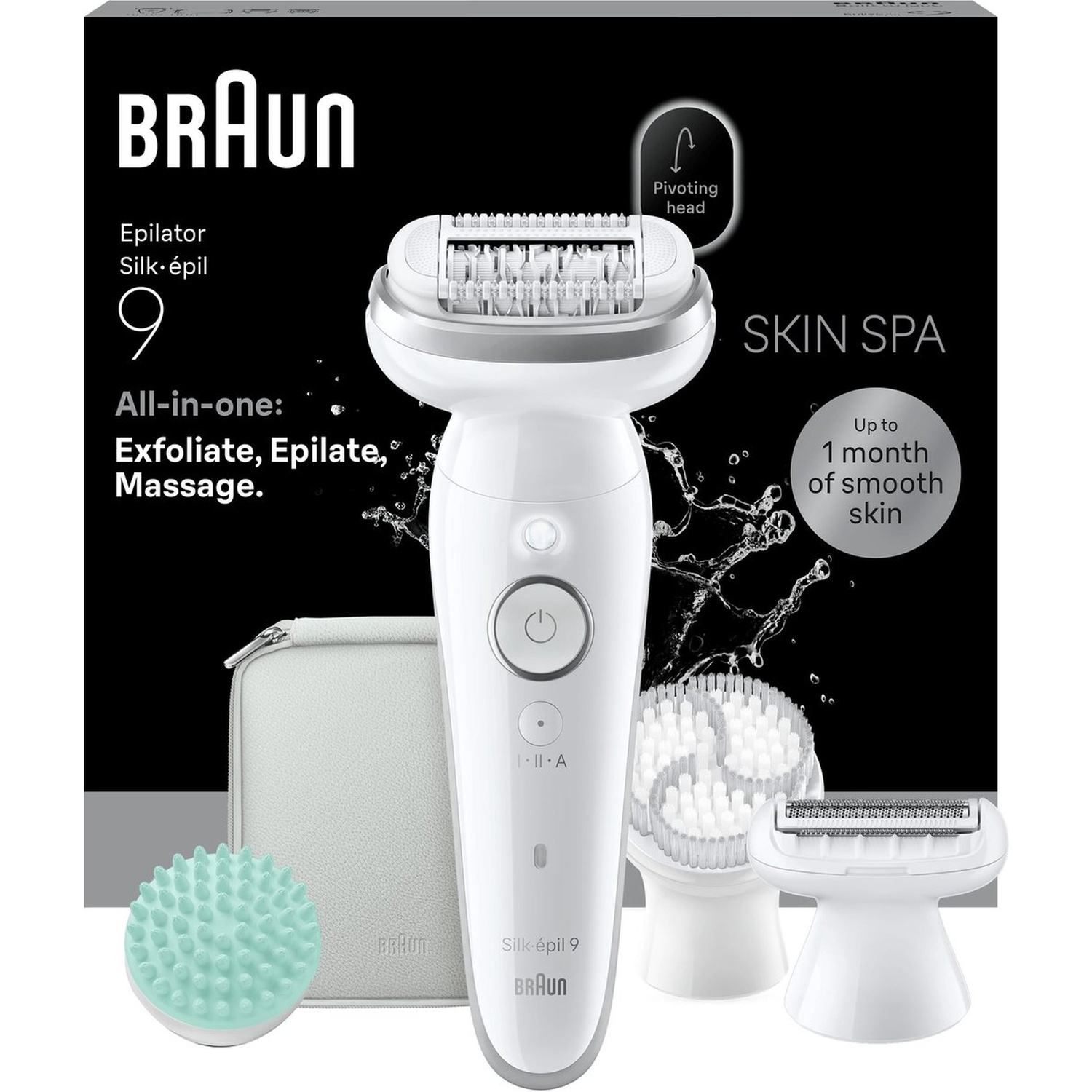 Épilateur Braun Silk-épil 9 Skin Spa avec accessoires et instructions.