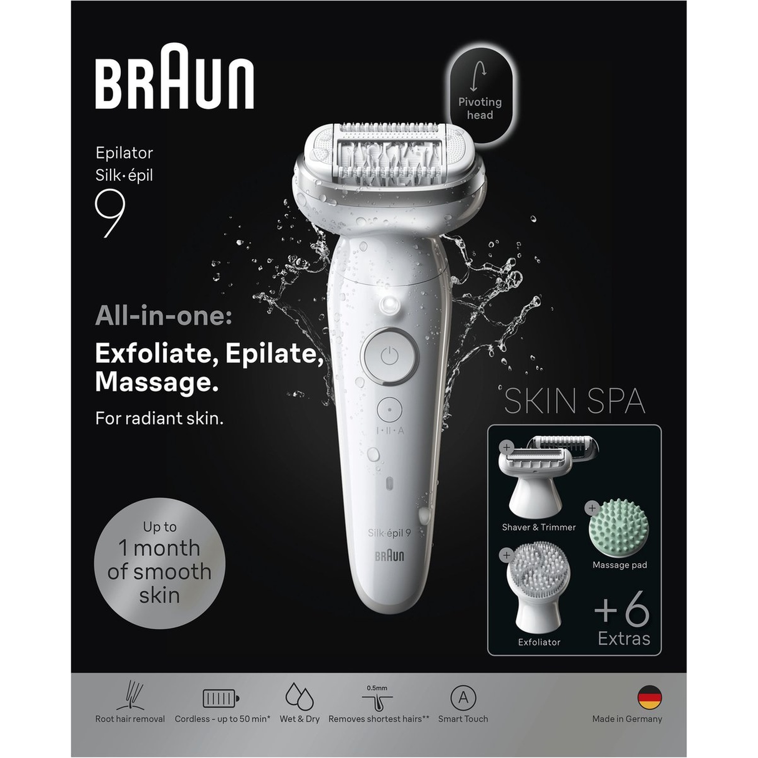 Épilateur Braun Silk-épil 9 avec tête pivotante et accessoires pour le soin de la peau.
