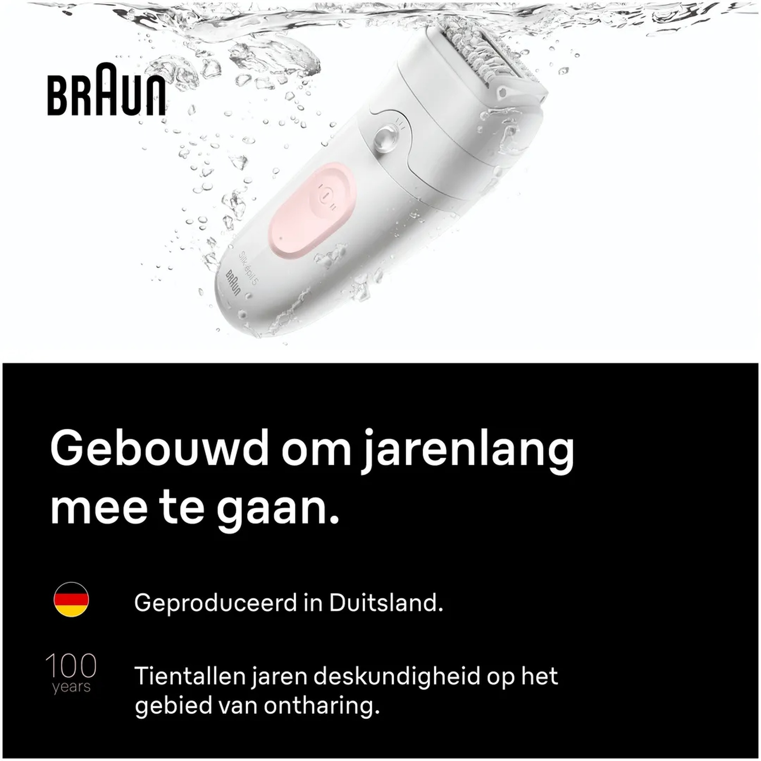 Een witte Braun epilator wordt ondergedompeld in water. Tekst vermeldt Duitsland.