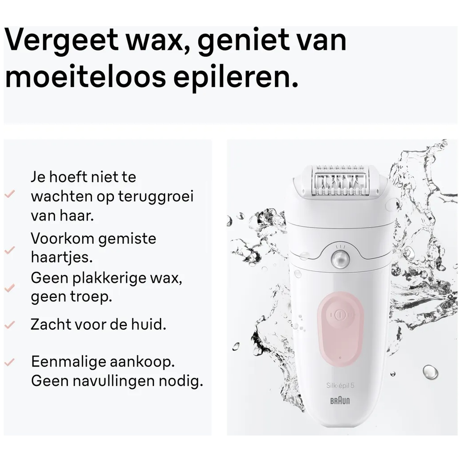 Een witte Braun epilator met spatten water eromheen.