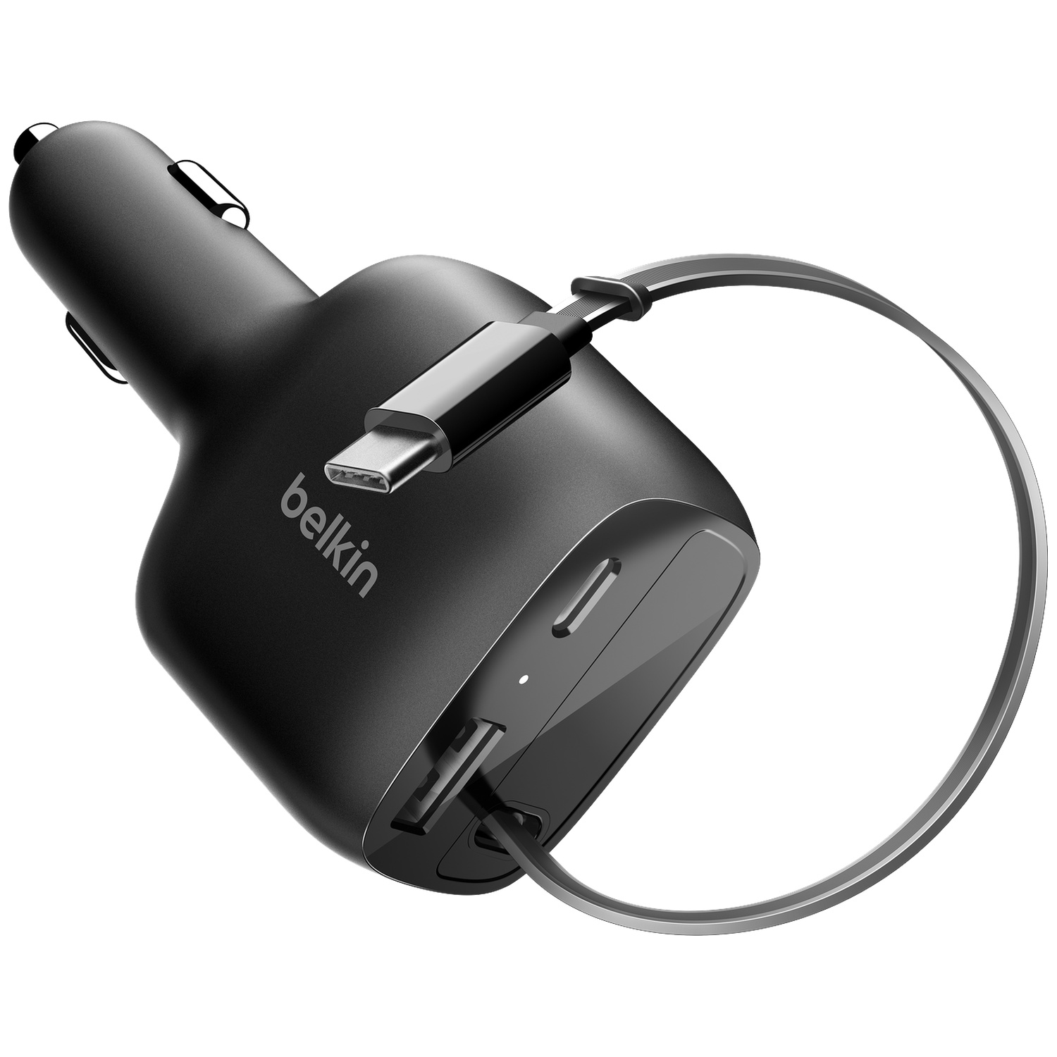 Adaptateur chargeur voiture Belkin noir avec câble USB-C et deux ports USB.