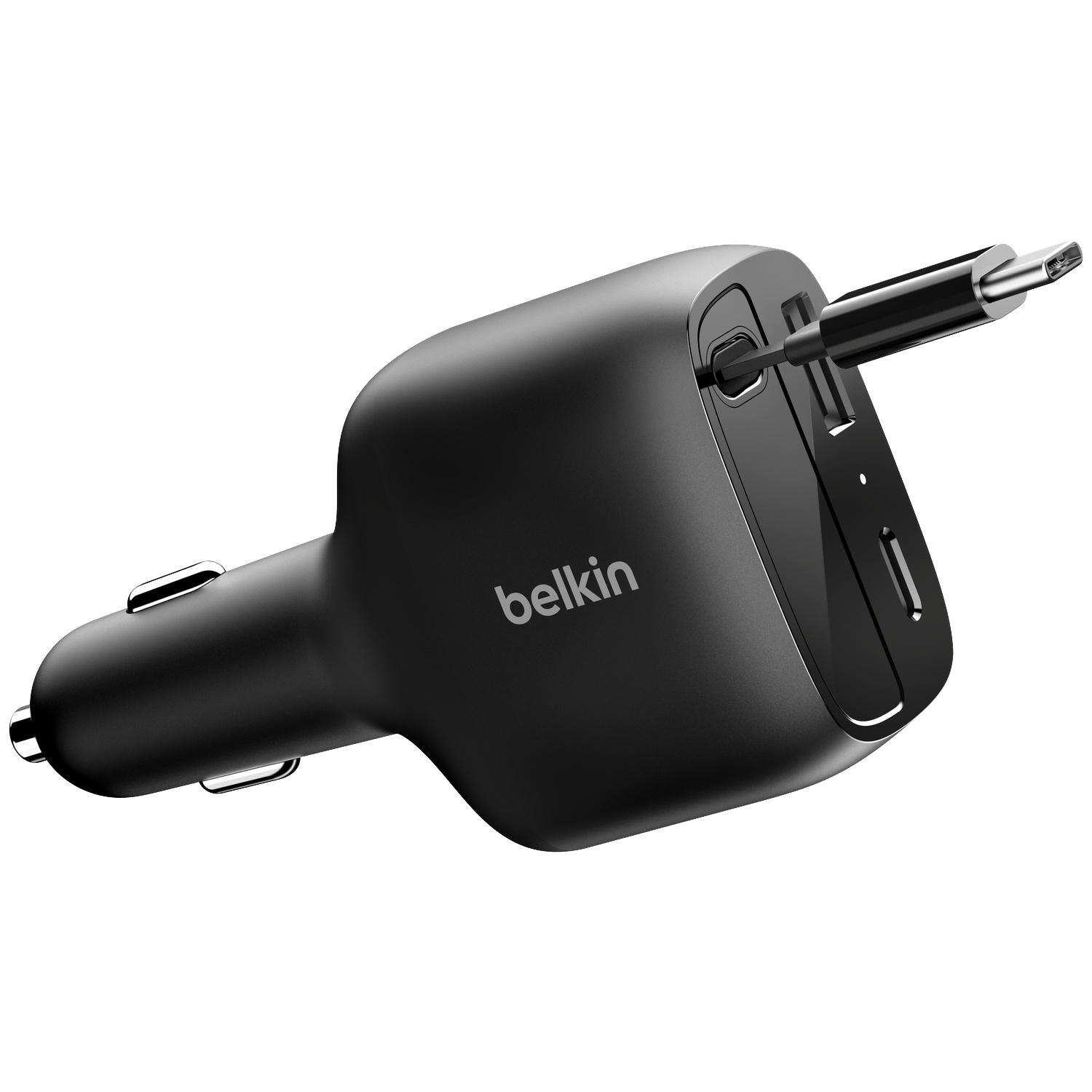 Adaptateur de voiture Belkin noir avec port de câble USB-C et deux ports USB-A.