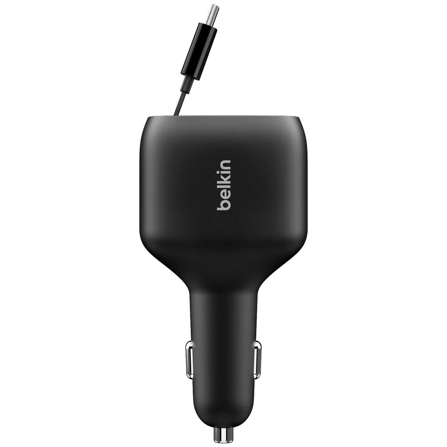 Chargeur de voiture Belkin USB-C noir avec câble et connecteur attachés.