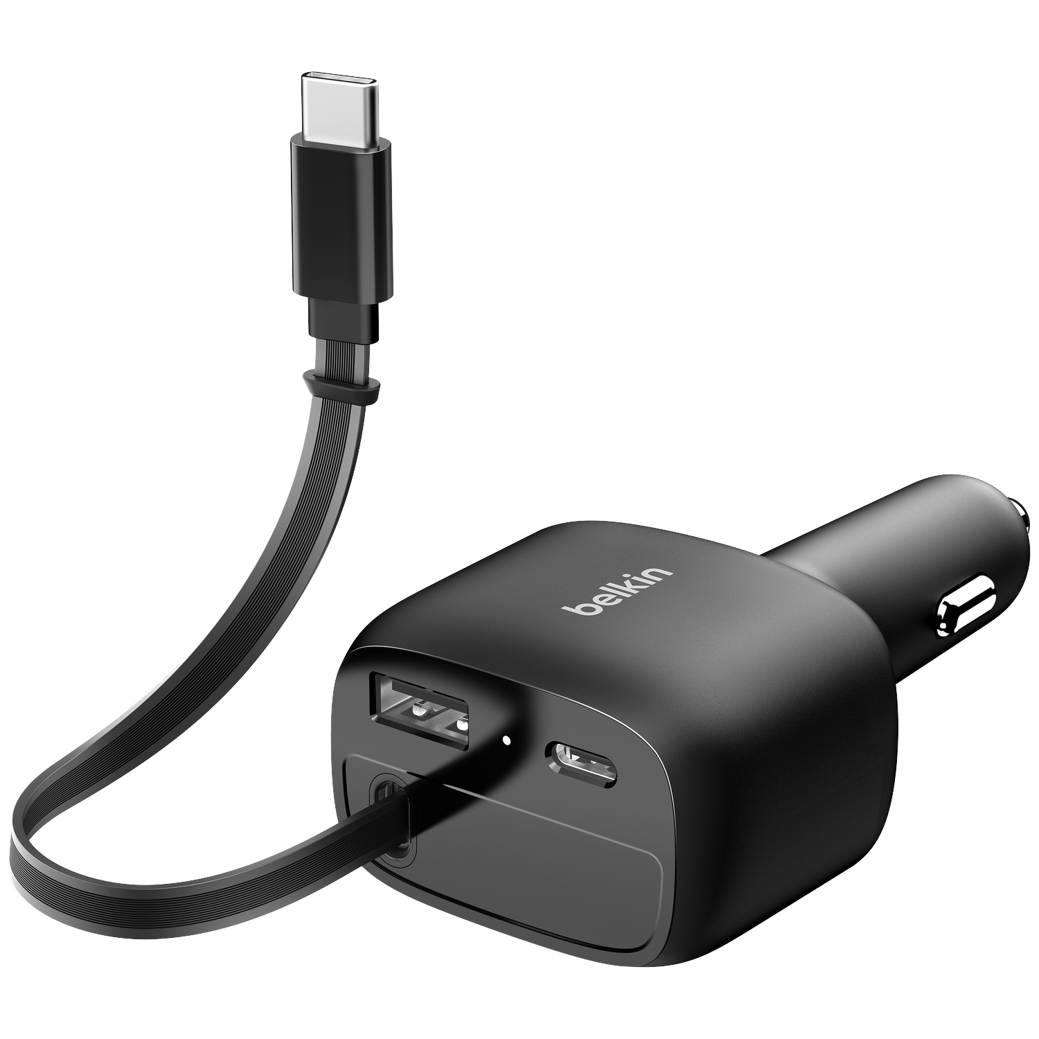 Chargeur USB-C noir pour voiture avec câble et port USB-A.