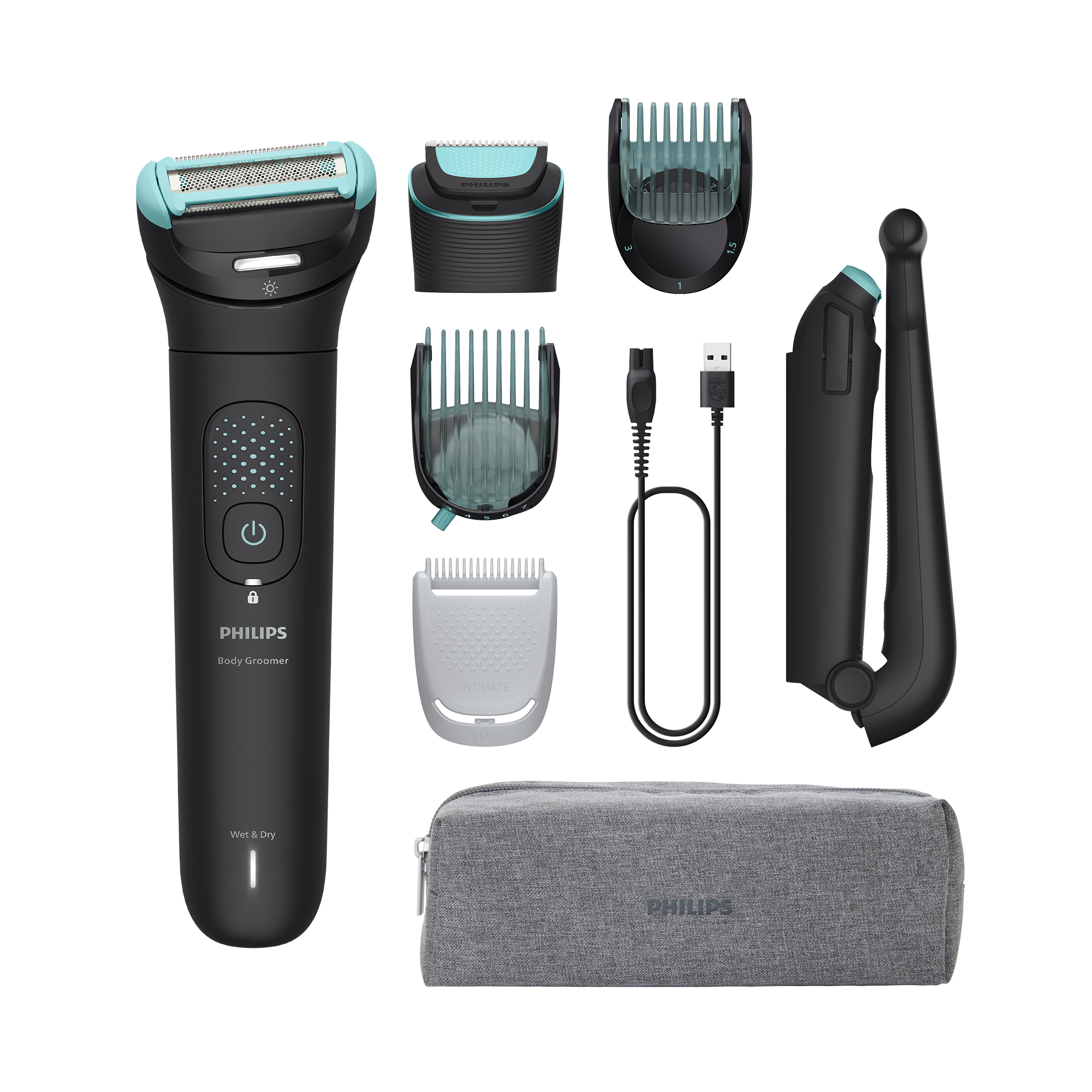 Una recortadora corporal Philips negra con accesorios, incluyendo peines, cable y bolsa.