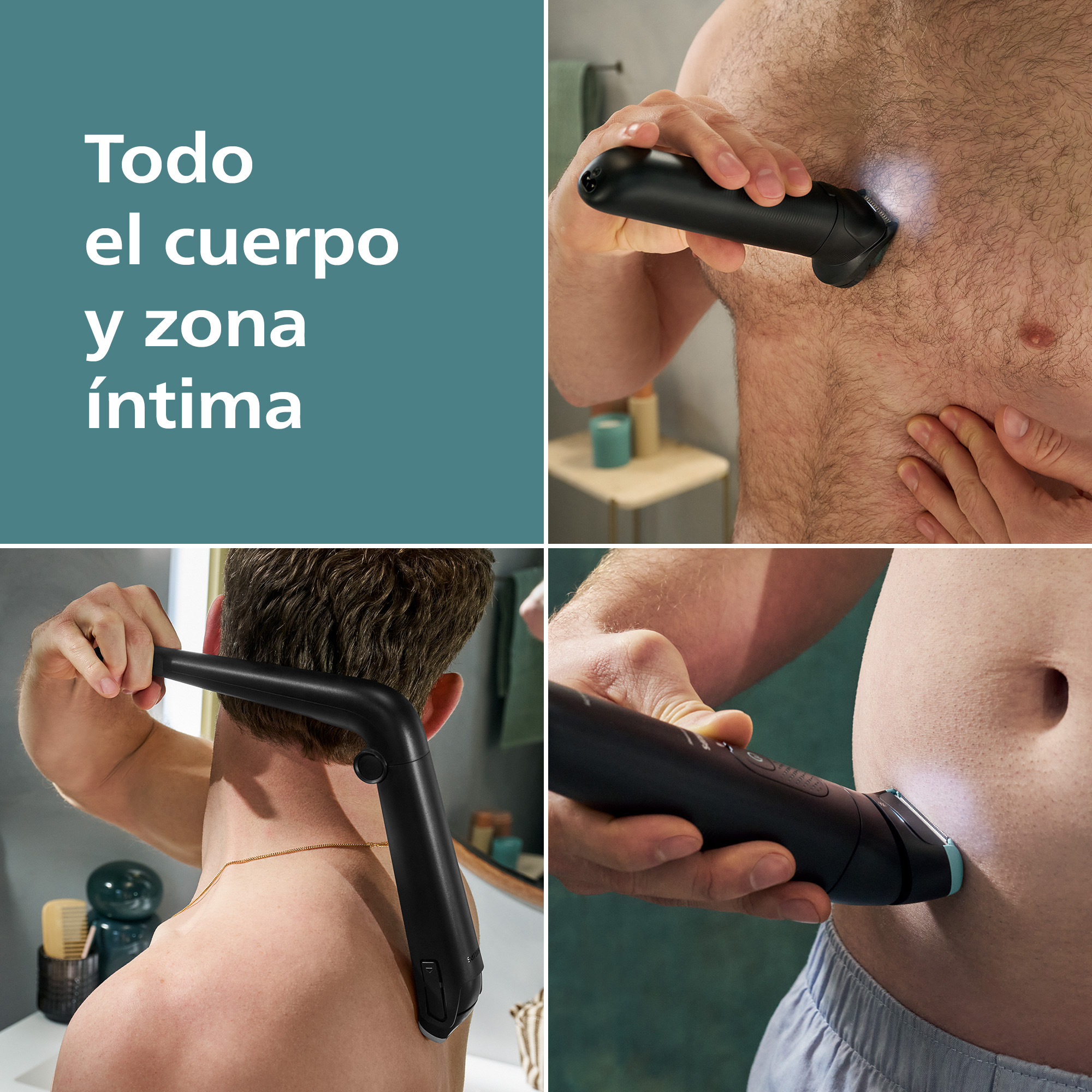 Un hombre usa un recortador en pecho, espalda y zona íntima.