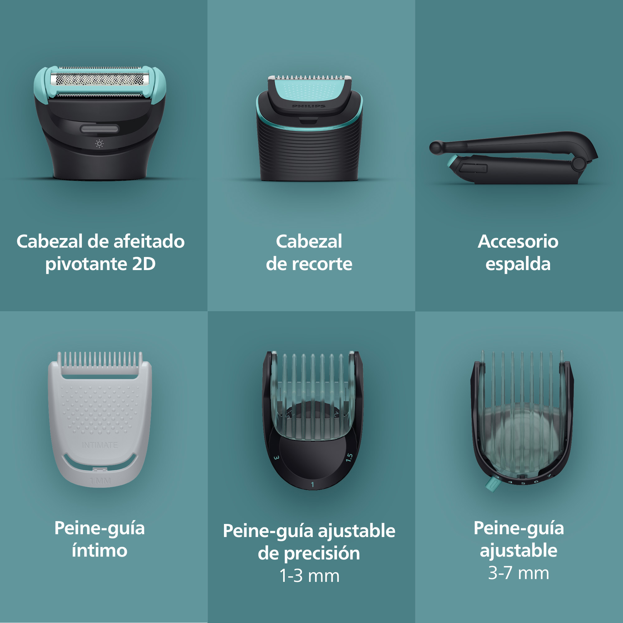Seis accesorios de aseo: afeitadora, recortadora, accesorio de espalda.